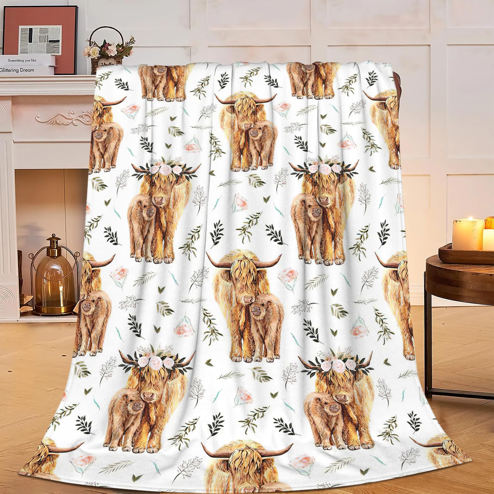 Highland Cow Print Blanket 50X60Inch Farm Animal Cow Gifts Throw Blankets Soft Cozy Fleece Plush Warm Flannel Bedding Blanket Fo