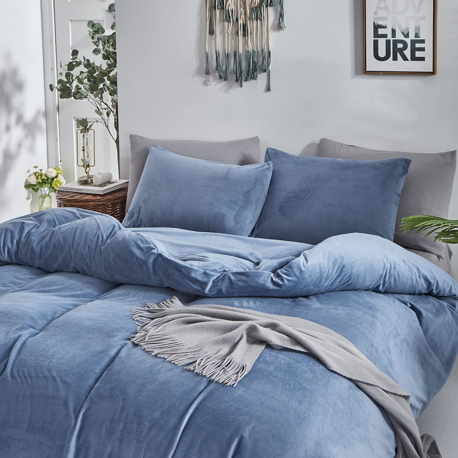 Clothknow Blue Velvet Queen Comforter Set 3Pcs Fluffy Bedding Comforter Sets Soft Lake Blue Comforter Grayish Blue Comforter With 2 X Pillowcases