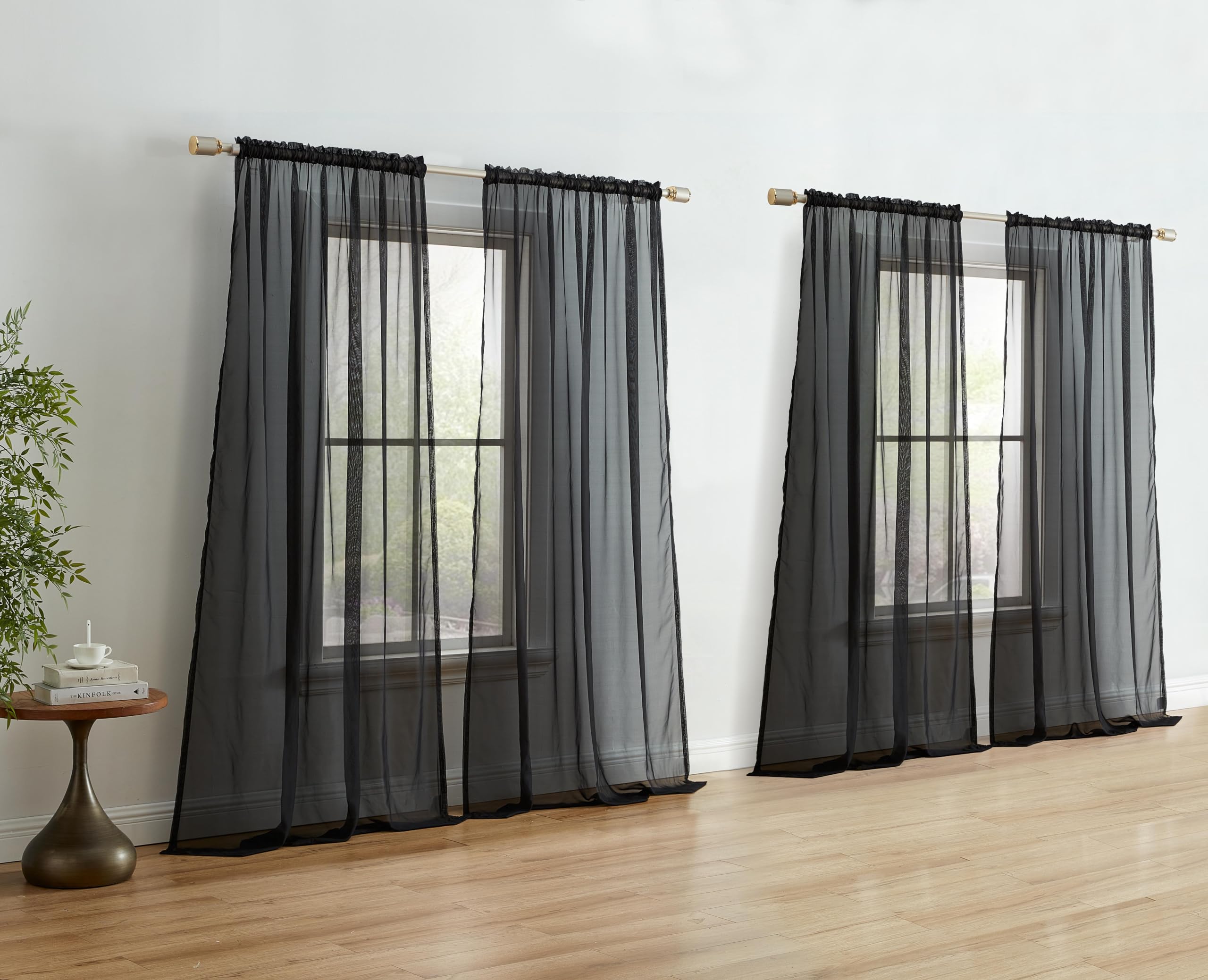 Hlc.Me Black Sheer Curtain Panels: Sheer Voile Light Filtering Window Treatment Coverings Rod Pocket Curtain Panels For Bedroom