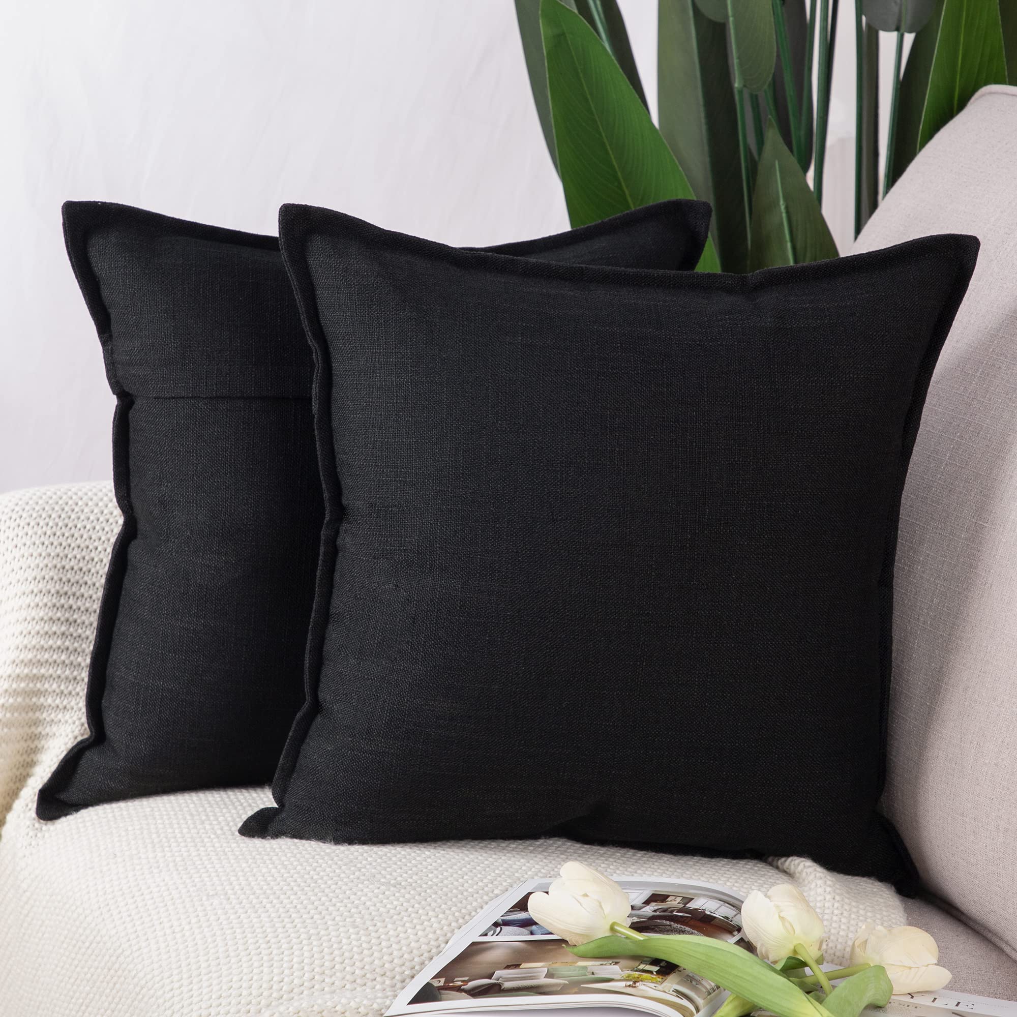 Madizz Set Of 2 Linen Throw Pillow Covers 20X20 Inch Black Soft Decorative Cushion Cover For Sofa Bedroom Pillow Shell