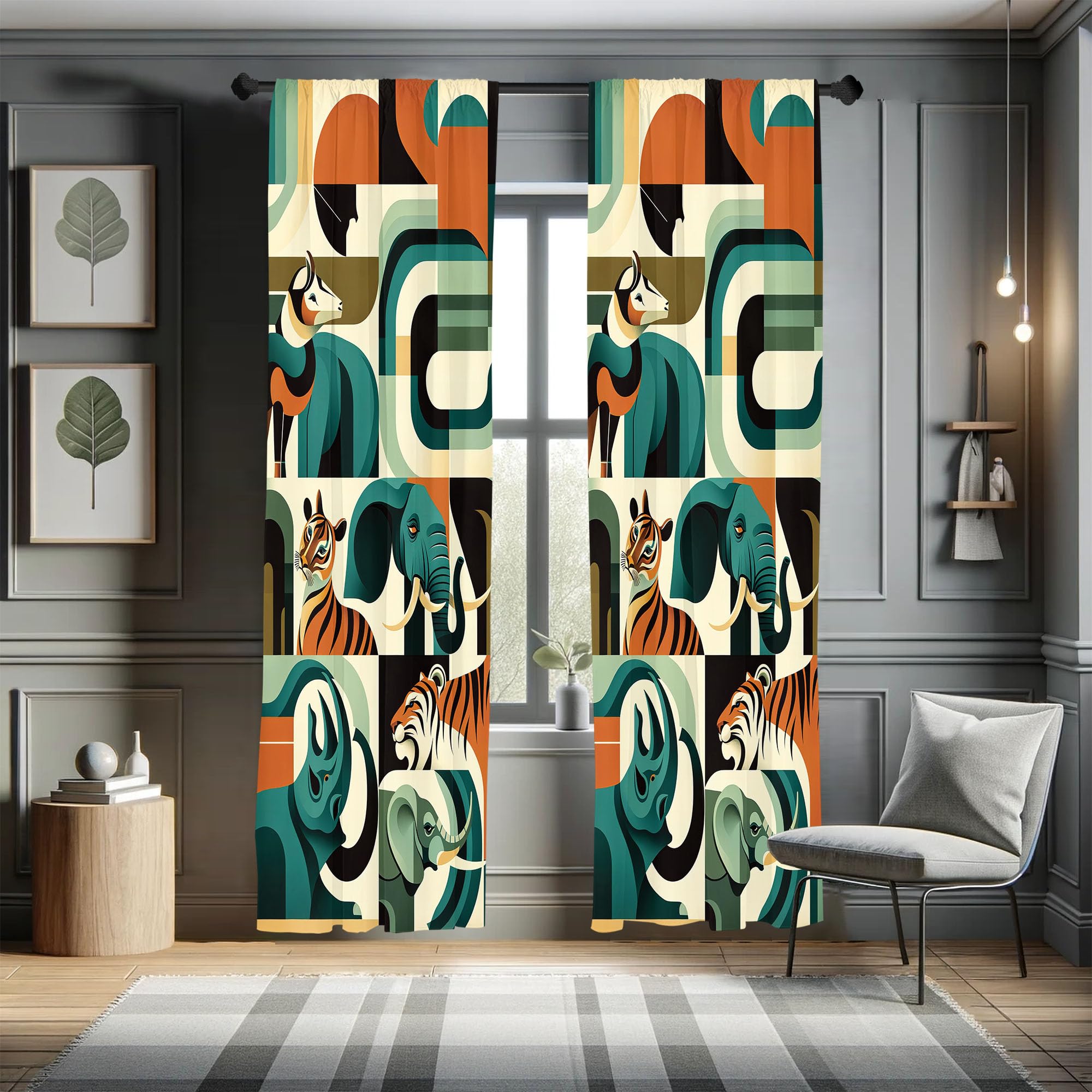Ambesonne Animals Curtains, Urban Jungle Themed Modern Boho Detail Roundy Fox Elephant Tiger Print, Window Treatments 2 Panel Se