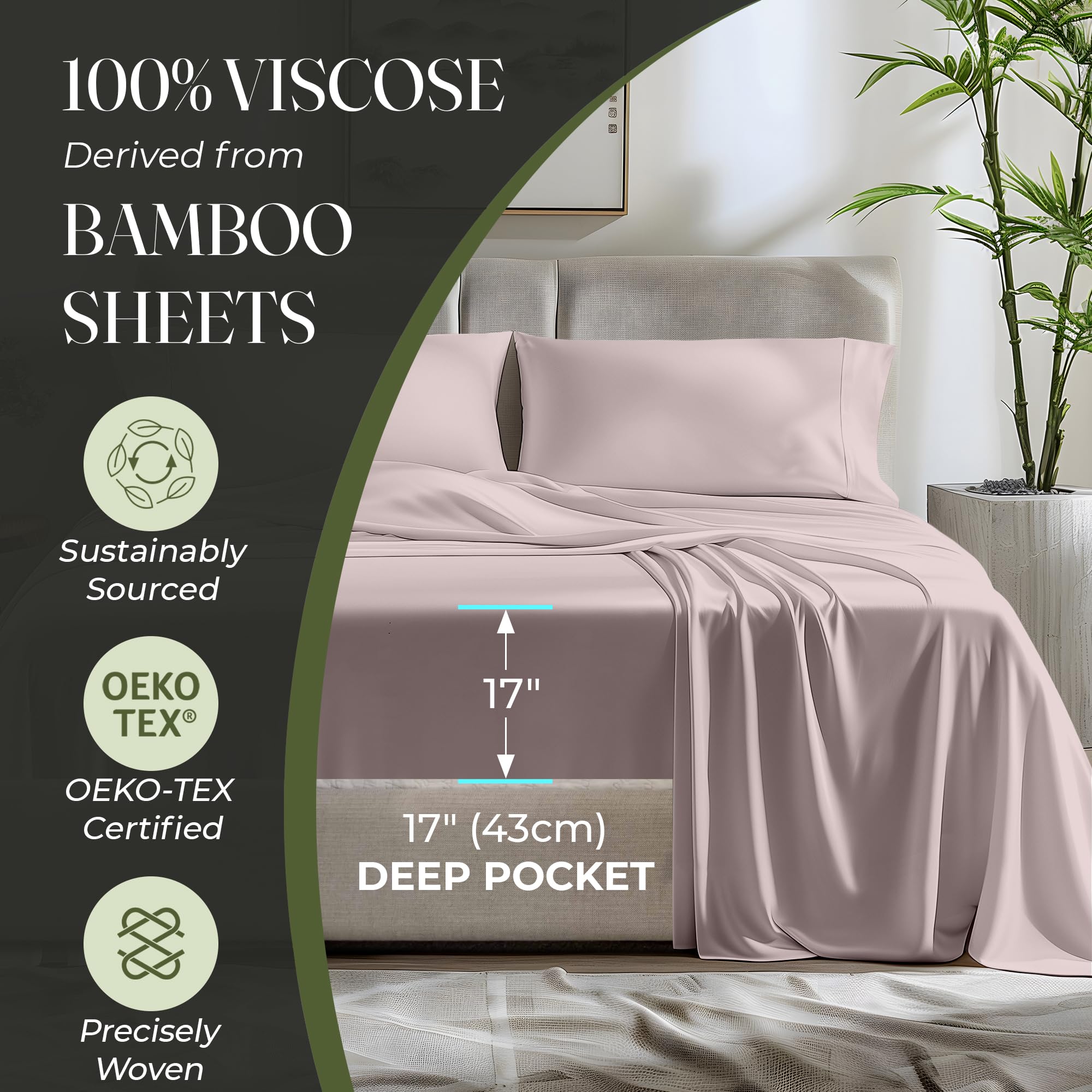 Decolure 100% Organic Viscose Derived From Bamboo Sheets Cal King Size 4Pcs - Ultra Soft & Luxuriously Cooling, 17'' Deep Pocket