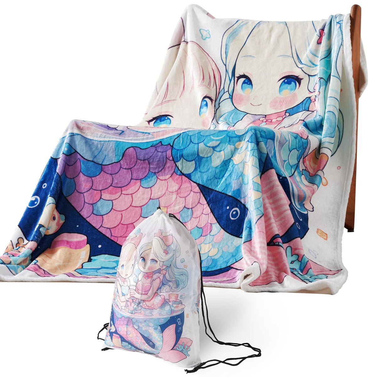 Twins Mermaid Flannel Throws Blanket - Soft And Cozy, Suitable For Kids Ages 3 To 10, Suitable For Bedroom, Travel, Camping, Nap