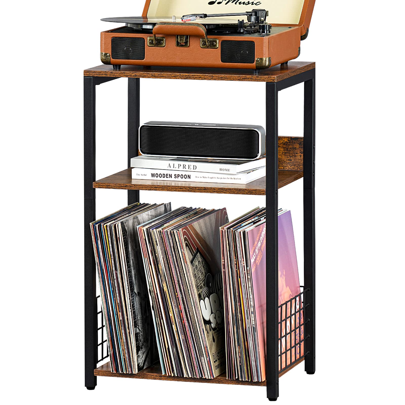 LELELINKY 3 Tier End Table,Record Player Stand with Storage Up to 100 Albums,Turntable Stand for Vinyl,Brown Records Shelf for L