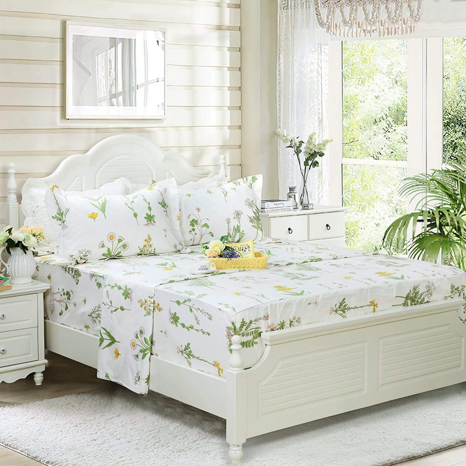 Fadfay 100% Cotton Bed Sheet Set 4-Piece Green Floral Sheet Set 1 Flat Sheet,1 Fitted Sheet And 2 Pillow Cases, Soft Comfortable