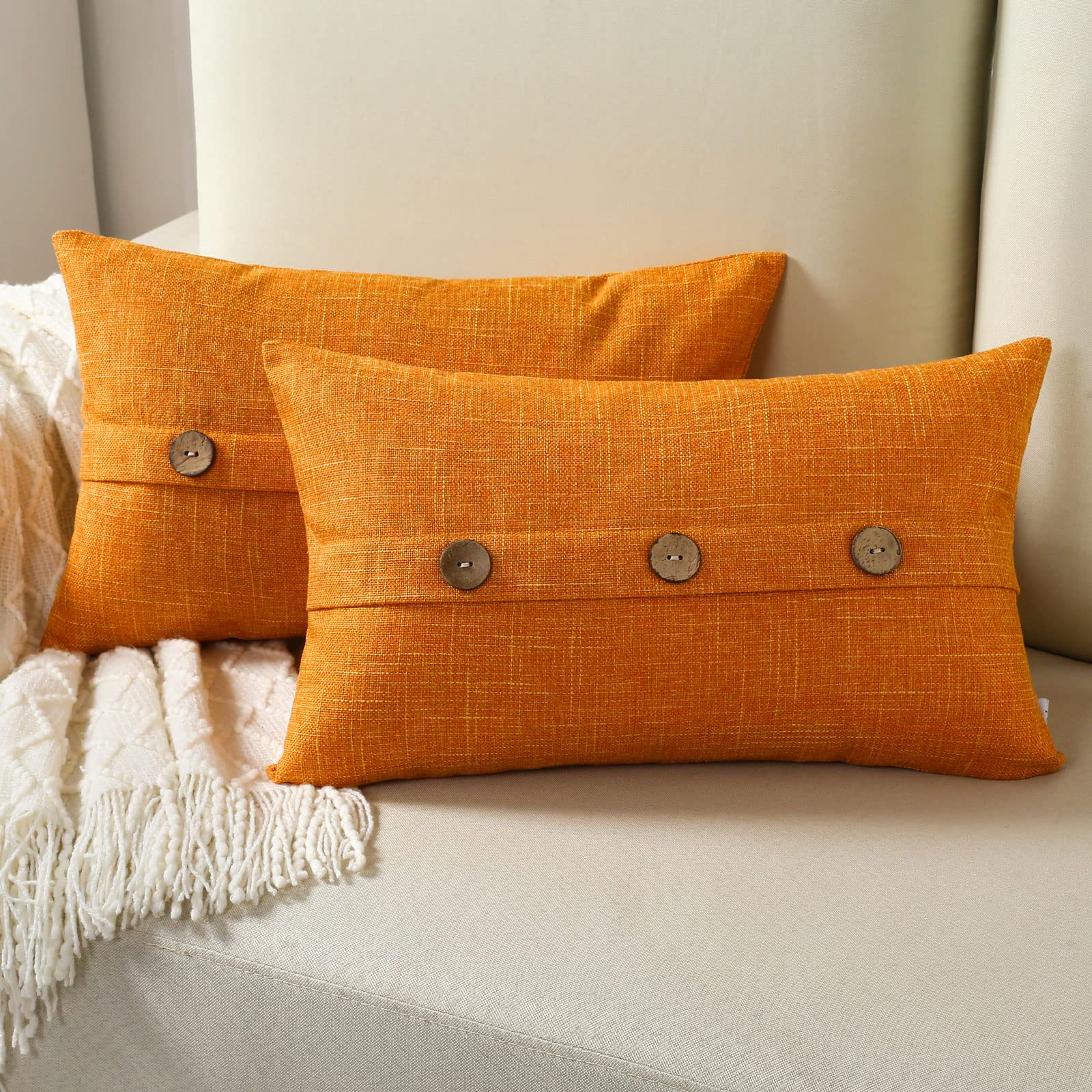 Futei Orange Linen Decorative Throw Pillow Covers 12X20 Inch Set Of 2, Rectangle Lumbar Pillowcase With Vintage Button/Zipper,Mo