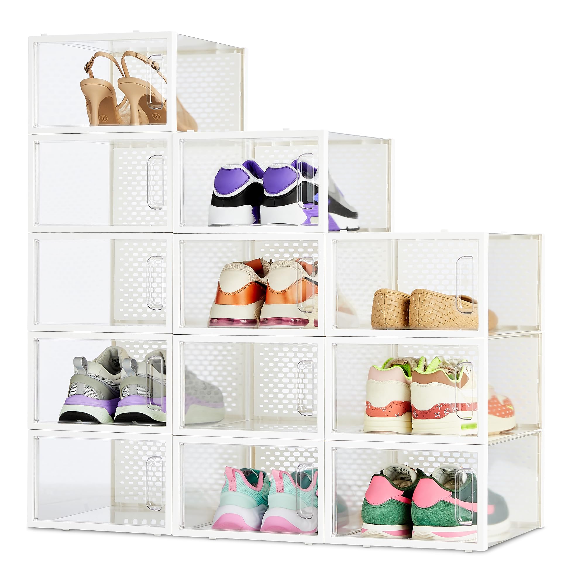 Amazon Basics Stackable and Foldable Clear Shoe Storage Organizer Box, Medium, Pack of 12