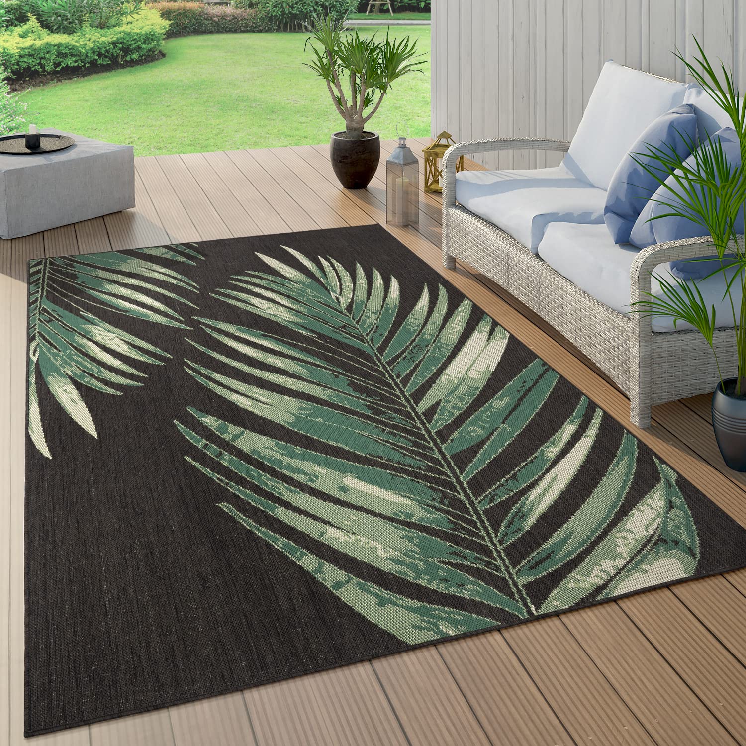 Outdoor Rug Black Green With Floral Palm Leaf Design Waterproof, Size: 4'7' X 6'7'