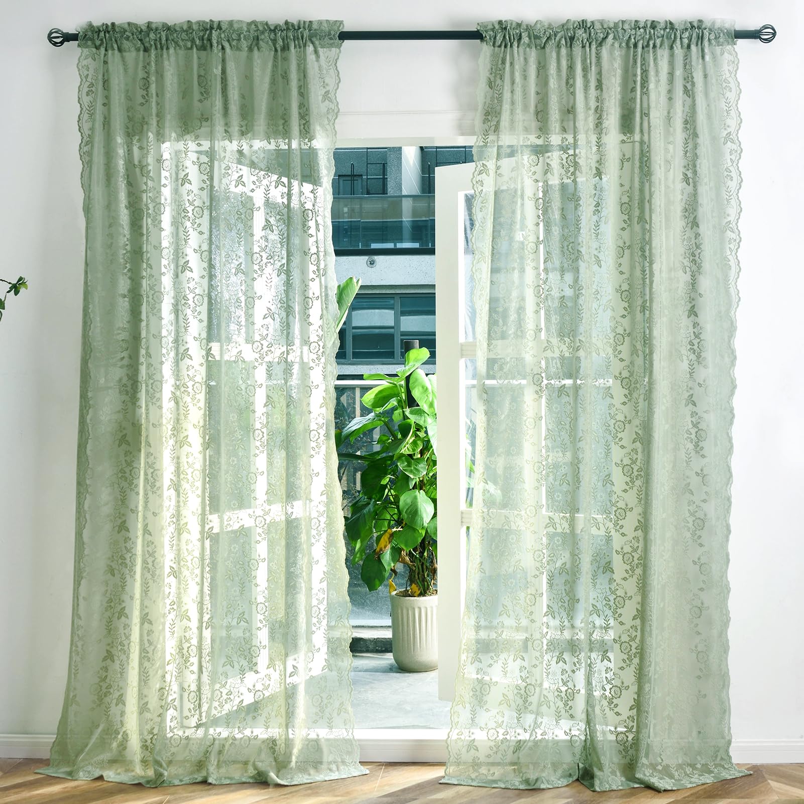 Sage Green Sheer Curtains 102 Inches Long 2 Panels Set Country Rustic Leaf Floral Spring Window Sheer Lace Curtains For Living R