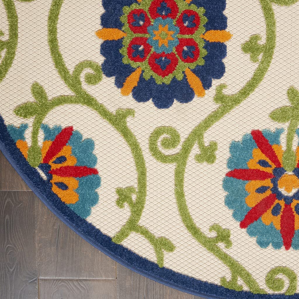 HomeRoots Blue/Multicolor 100% Polypropylene 5’ Round Blue Vines Indoor Outdoor Area Rug