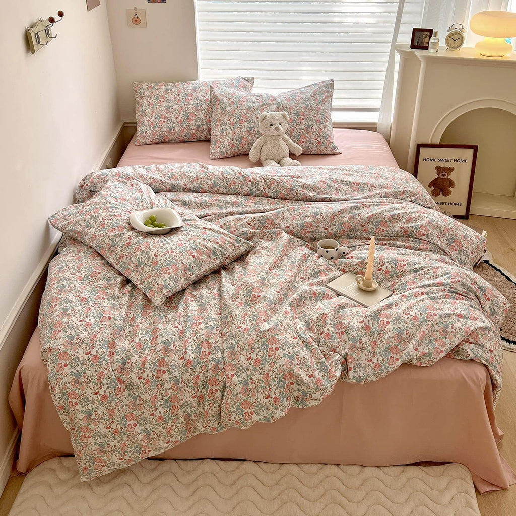 Boho Floral Duvet Cover Queen Soft Cotton Aesthetic Floral Bedding Sets French Style Pink Blue Flower Branches Duvet Cover Chic