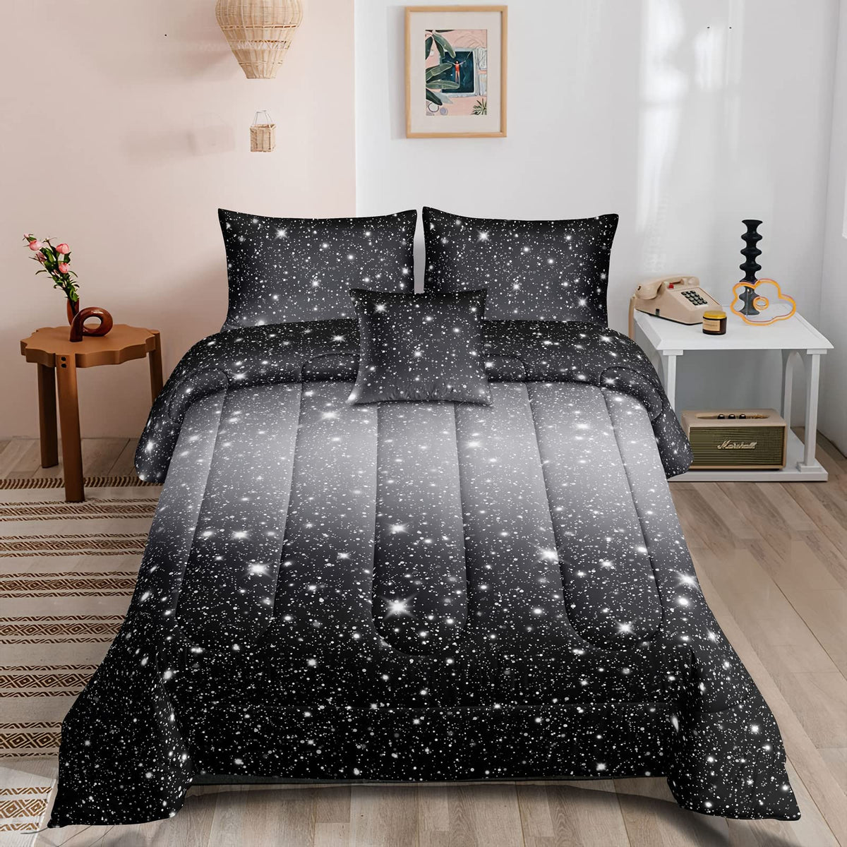 Rowadalo 6 Pieces Black Grey Glitter Sparkles Comforter Set Full Size,Galaxy Starry Sky Bedding Sets 6 Pcs Bed In A Bag For Kids