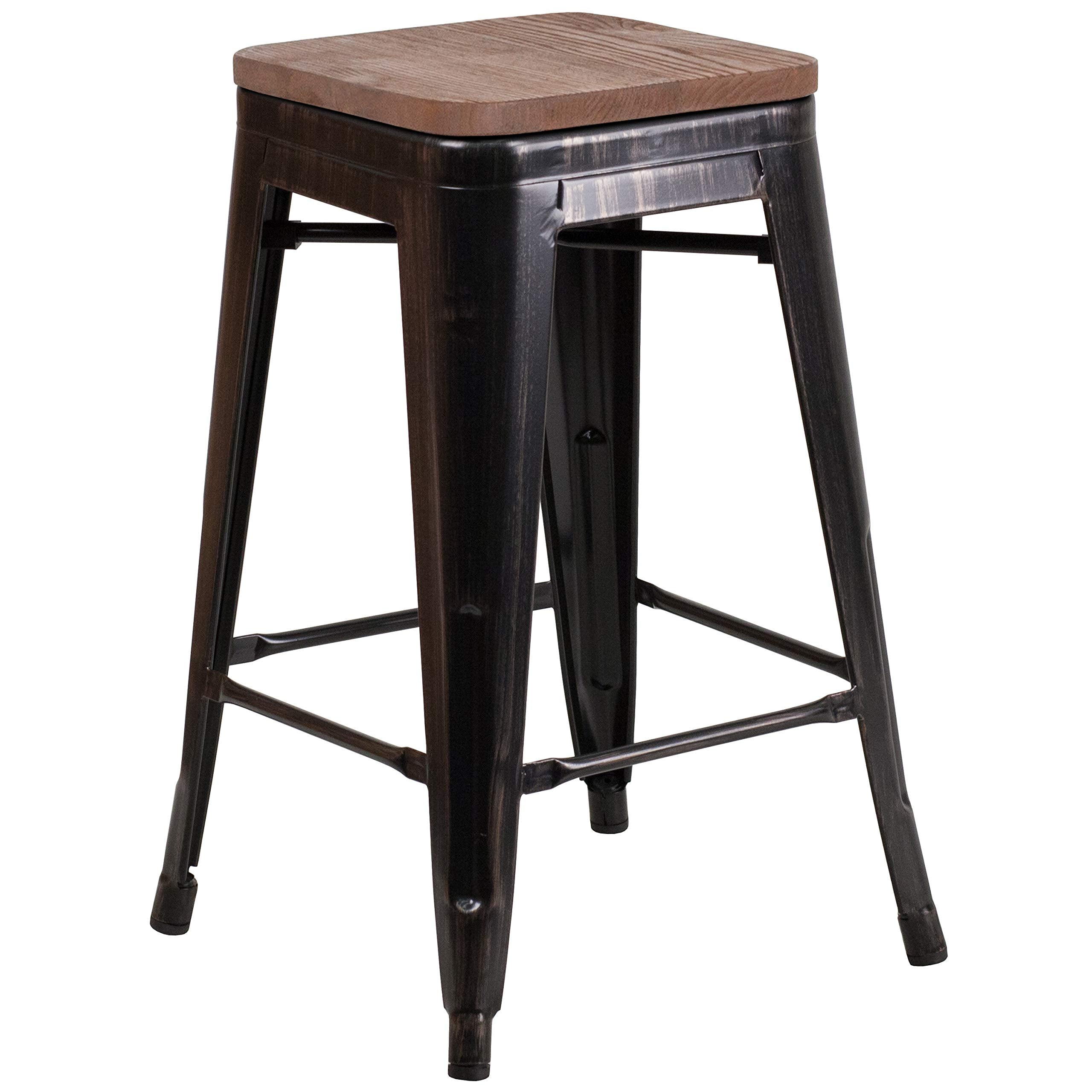 Flash Furniture Lily 24' High Backless Black-Antique Gold Metal Counter Height Stool With Square Wood Seat (Pack Of 1)