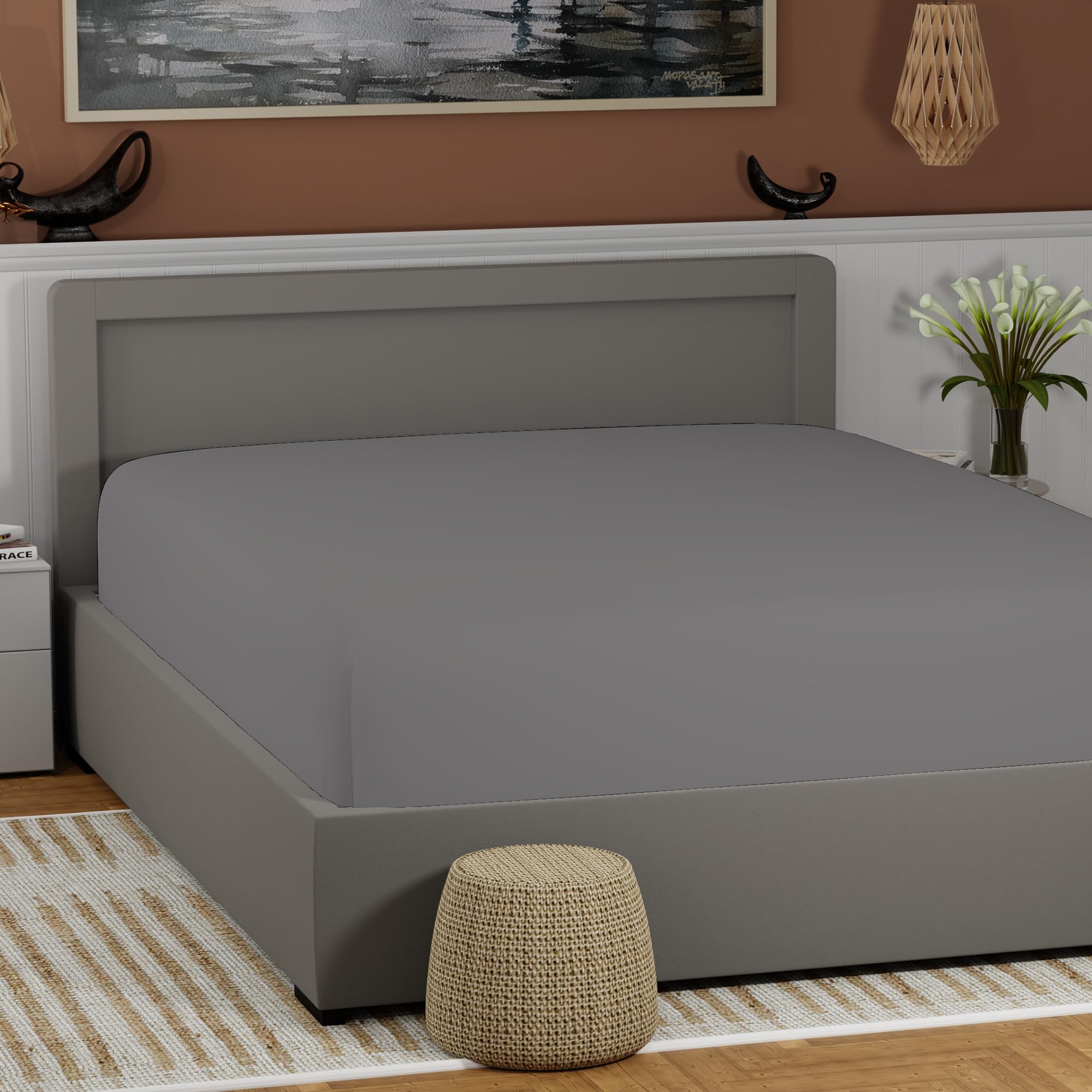 100% Cotton Dark Gray Fitted Sheet for Full Size Bed, Cool & Crisp Percale Weave Full Fitted Sheets Only, Breathable & Comfortab