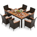 Tangkula 7 Pieces Outdoor Wicker Dining Set, Patio Dining Furniture Set With Acacia Wood Table And 6 Stackable Chairs, Outdoor Table And Chairs Set With 1.96” Umbrella Hole And Cushions