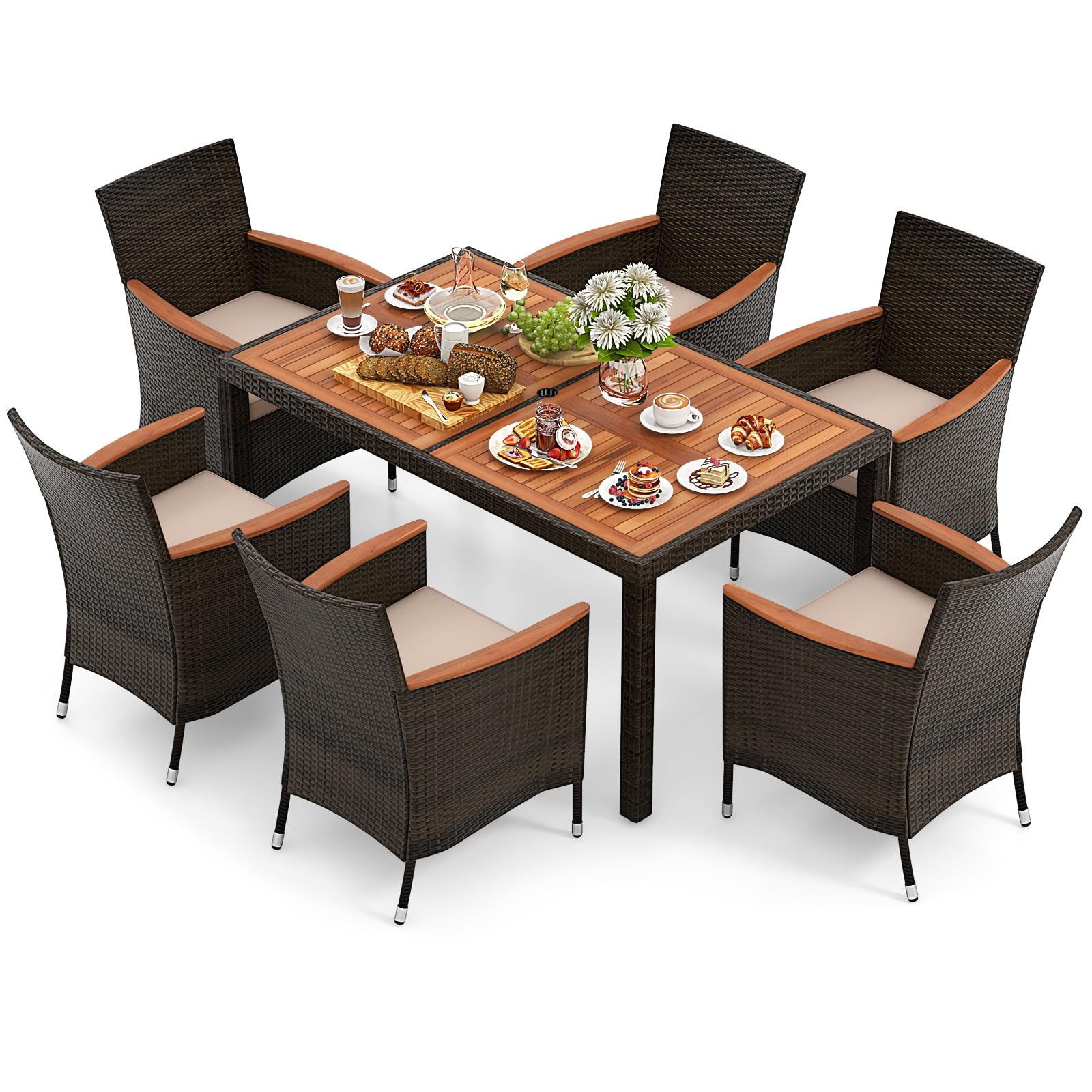 Tangkula 7 Pieces Outdoor Wicker Dining Set, Patio Dining Furniture Set With Acacia Wood Table And 6 Stackable Chairs, Outdoor Table And Chairs Set With 1.96” Umbrella Hole And Cushions