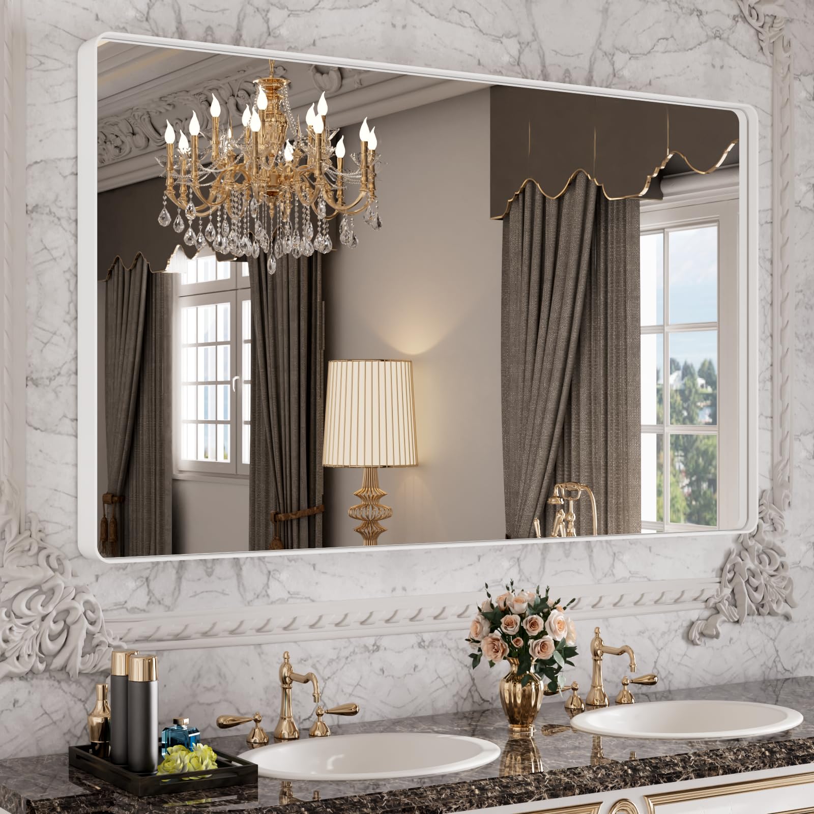 ISTRIPMF White Bathroom Mirror 60x36 Inch, Large Matte White Bathroom Vanity Mirror,Rectangle Round Corner White Metal Framed Mi