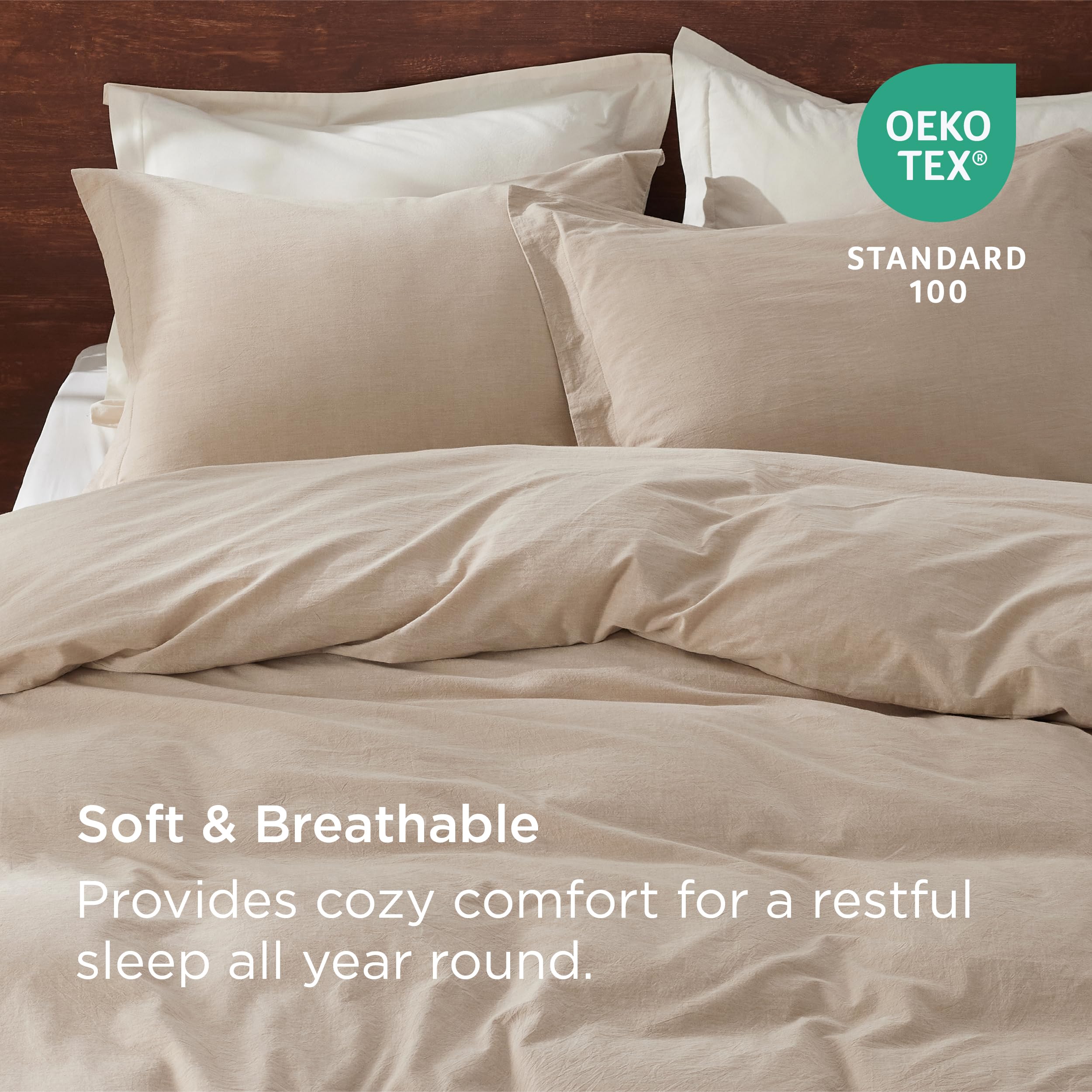 Bedsure 100% Washed Cotton Duvet Cover Queen - Warm Sand Minimalist Duvet Cover Set Linen Like - 3 Pieces Gentlesoft™ Plain Simple Duvet Cover Set For All Seasons (Warm Sand, Queen, 90'X90')