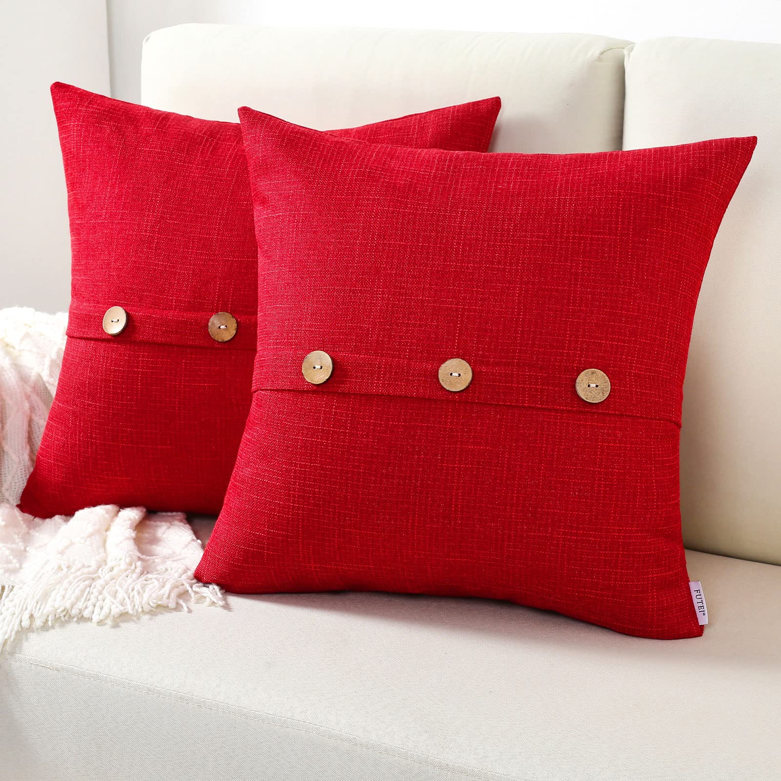 Futei Red Linen Decorative Throw Pillow Covers 18X18 Inch Set Of 2, Square Cushion Case With Vintage Button/Zipper,Modern Farmho