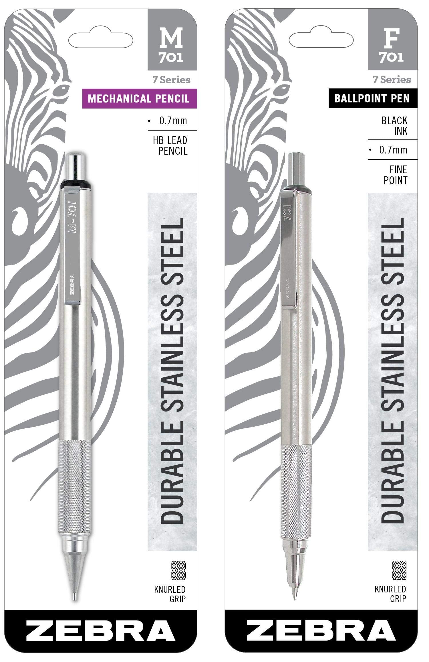 Zebra Pen Model F/M 701 Mechanical Pencil And Ballpoint Pen Set, Stainless Steel, Fine Point, 0.7Mm Lead, Designer Metal Clip, R