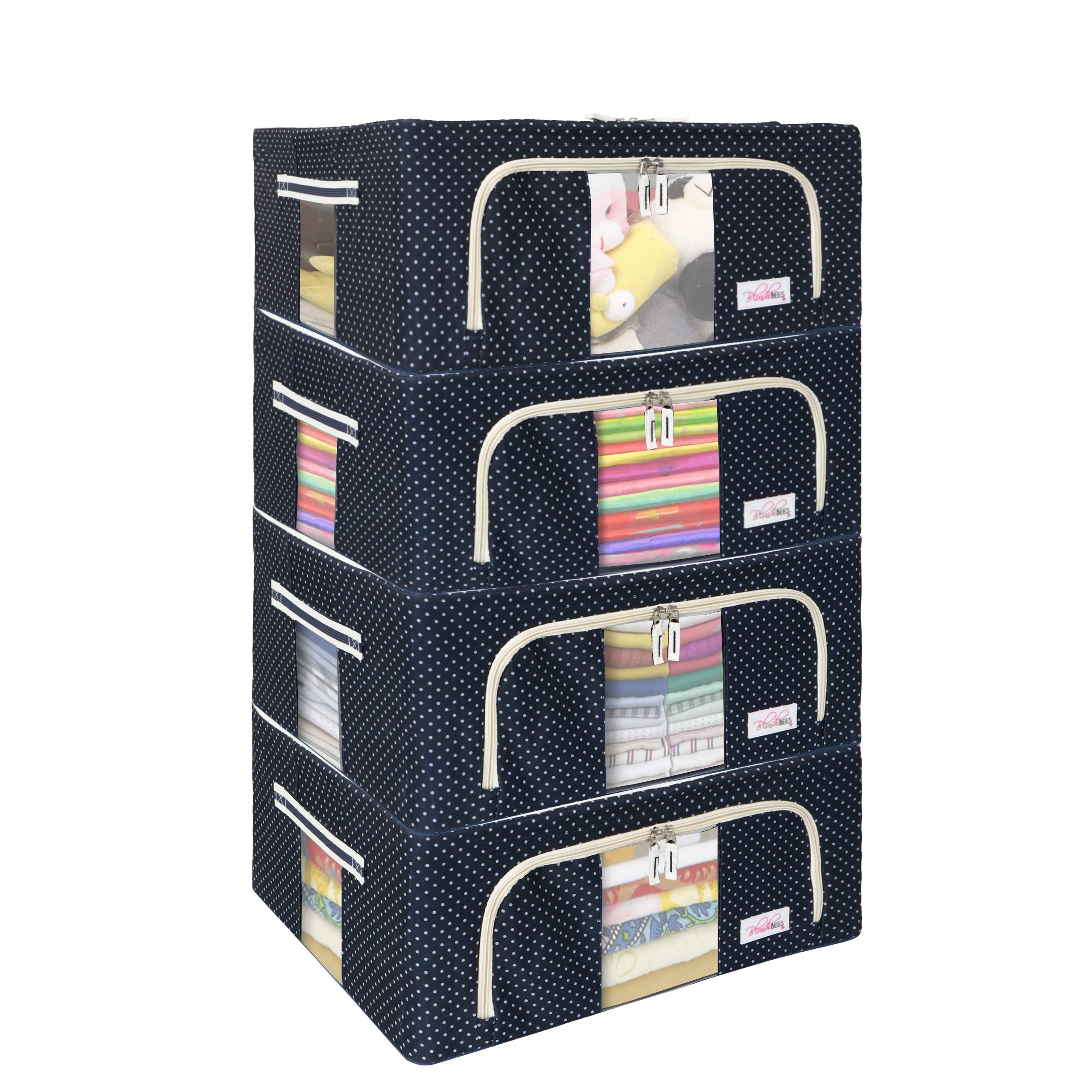 BlushBees Living Box  600D Oxford Fabric Storage Boxes for Clothes, Saree Cover (BLUE POLKA, 44 Ltr  Pack of 4)