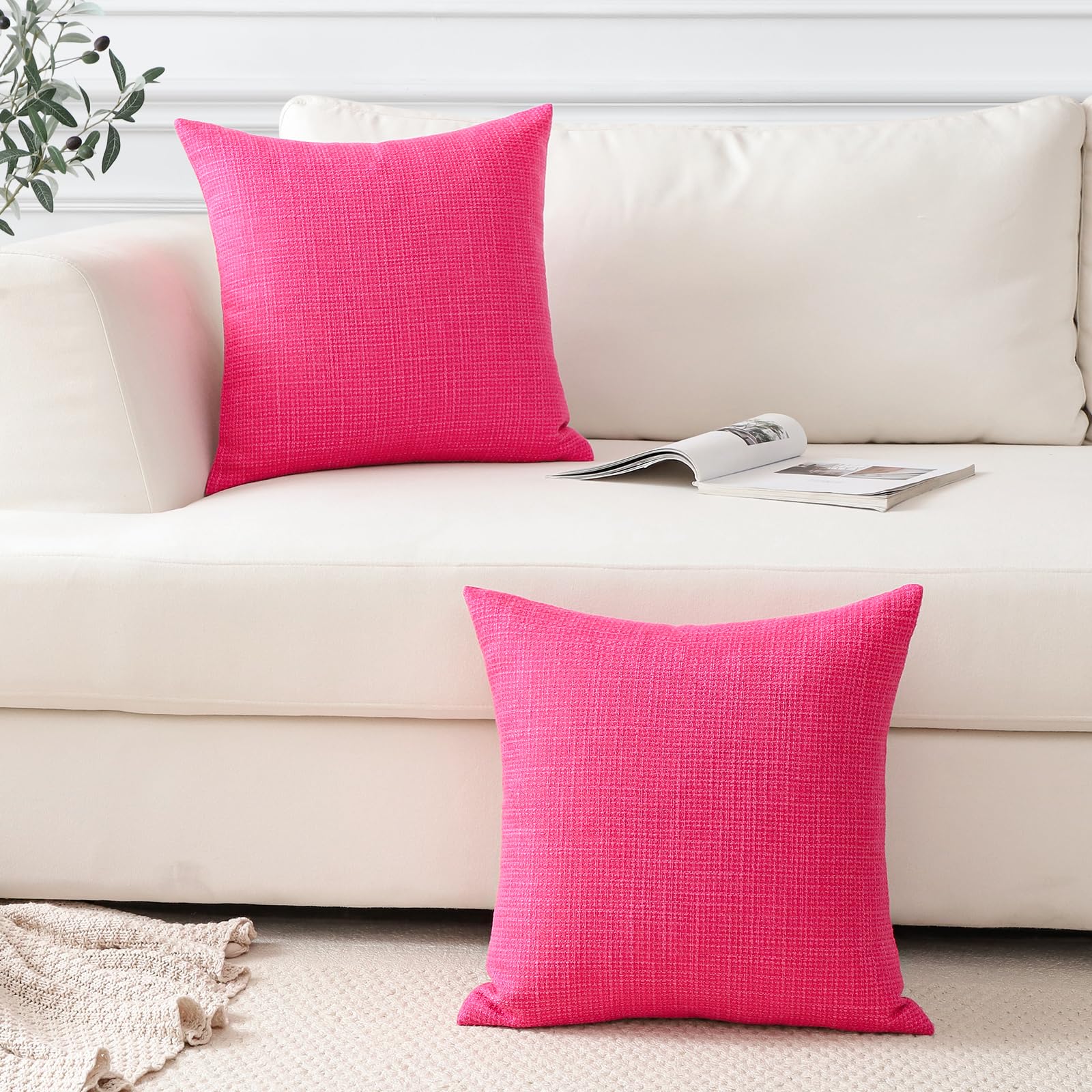 Otostar Linen Throw Pillow Covers Set Of 2 Decorative Square Pillowcases Cushion Covers 26X26 Inch For Home Decor Sofa Bedroom Car 65 X 65 Cm Hot Pink