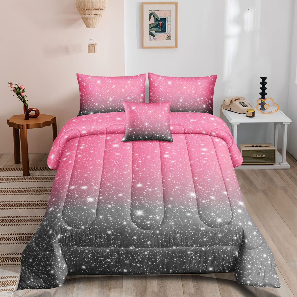 Rowadalo 6 Pieces Rainbow Glitter Sparkles Comforter Set Queen Size Galaxy Starry Sky Bedding Sets 6 Pcs Bed In A Bag For Kids T