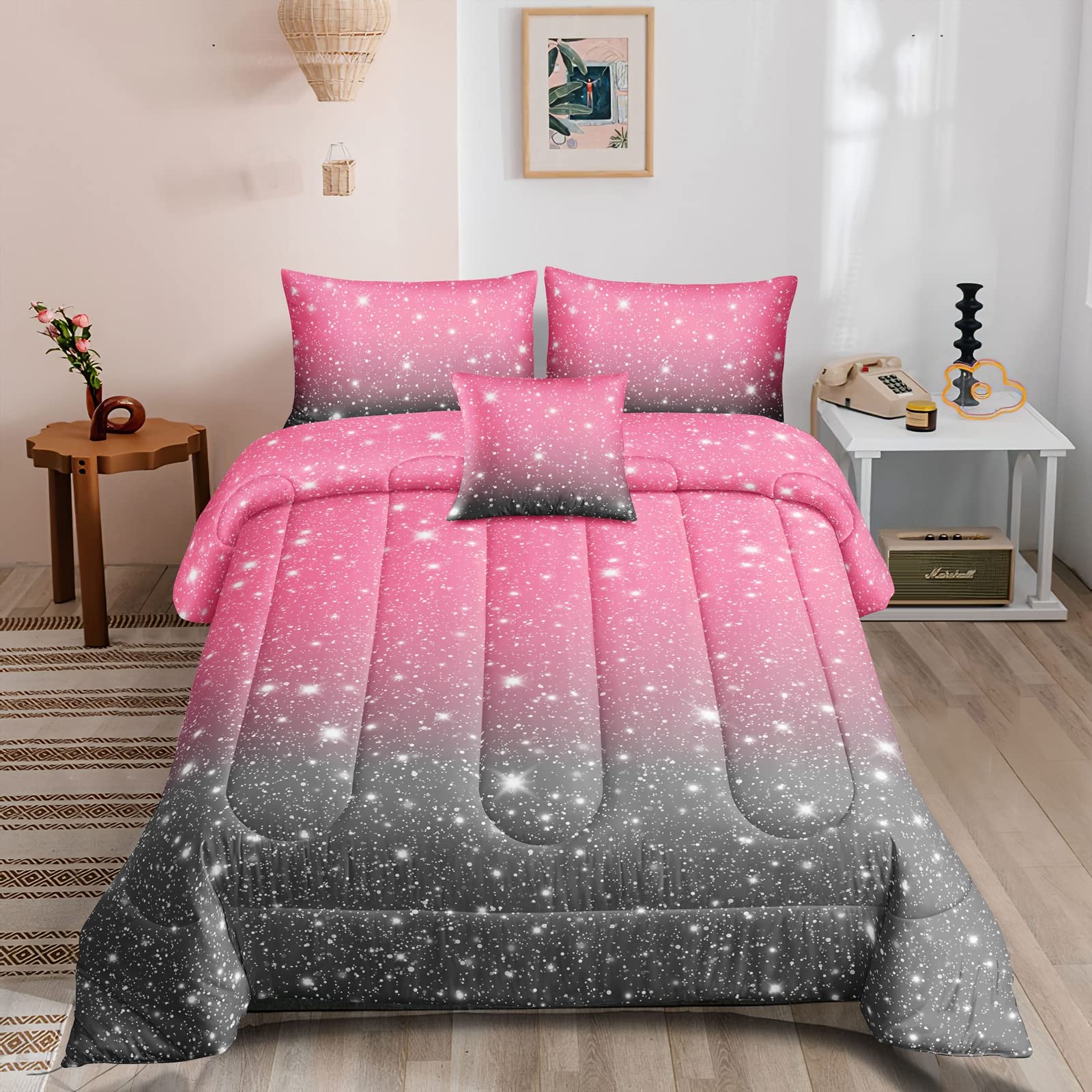 Rowadalo 5 Pieces Rainbow Glitter Sparkles Comforter Set Twin Size Galaxy Starry Sky Bedding Sets 5 Pieces Bed In A Bag For Kids