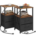 Tutotak End Table With Charging Station, Side Table With 2 Usb Ports And Outlets, Nightstand With Cloth Drawer, Set Of 2, Couch Table, Brown And Black Tb01Bb052K