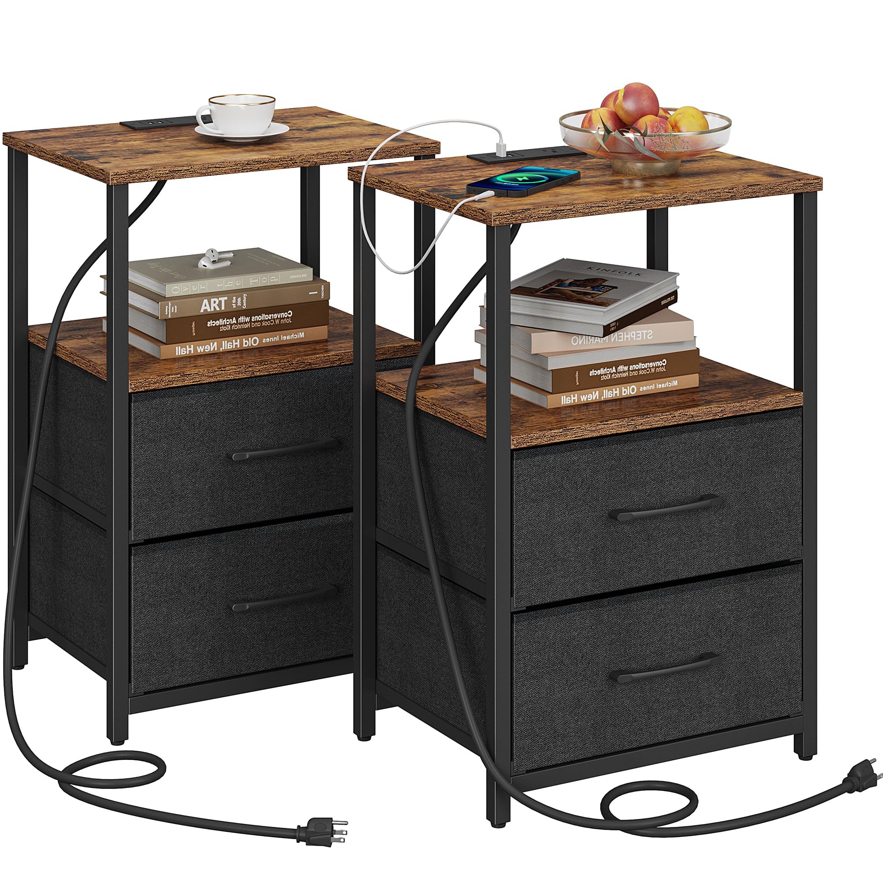 Tutotak End Table With Charging Station, Side Table With 2 Usb Ports And Outlets, Nightstand With Cloth Drawer, Set Of 2, Couch Table, Brown And Black Tb01Bb052K