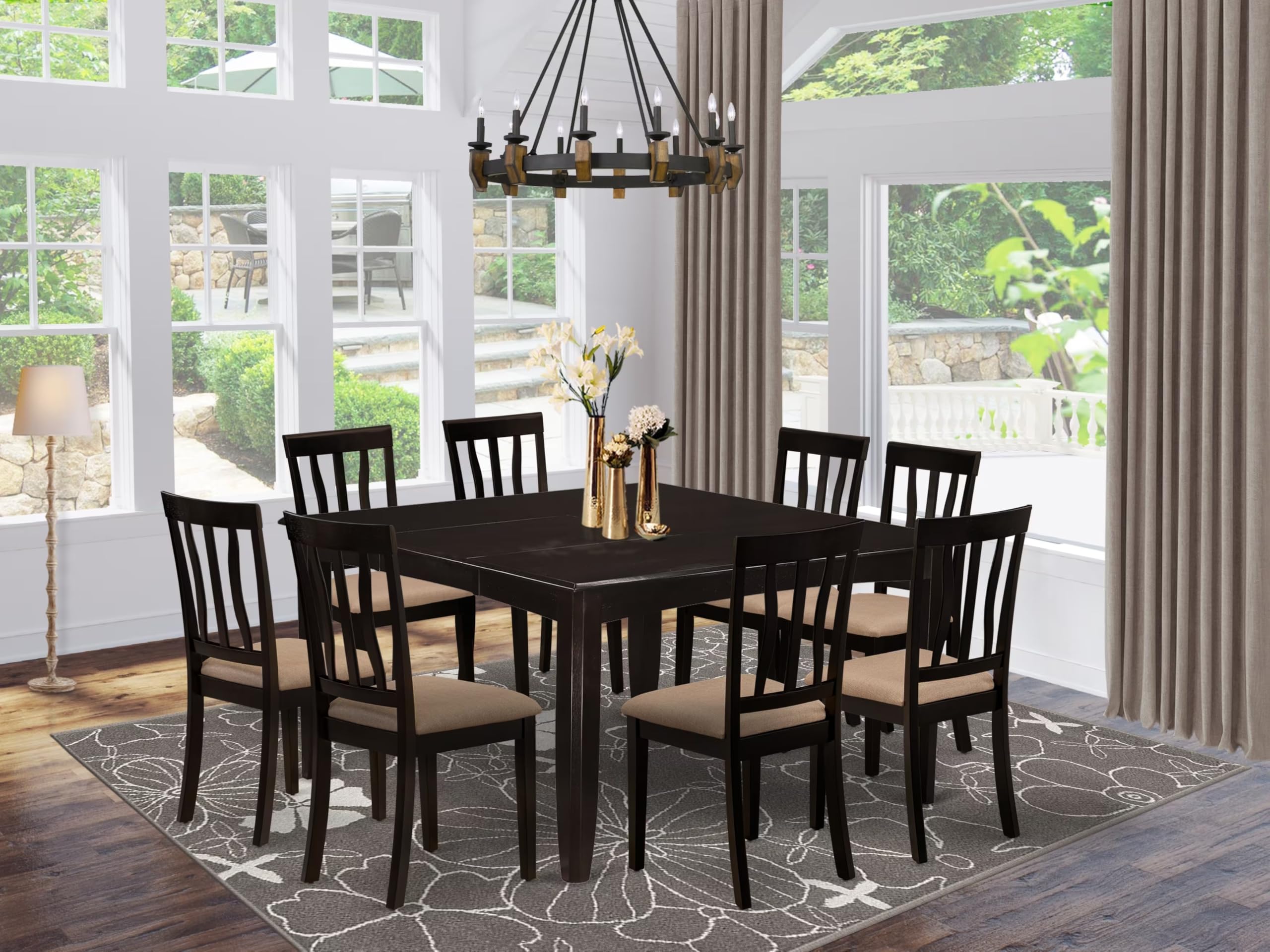 East West Furniture PFAN9-CAP-C 9 Piece Modern Dining Table Set Includes a Square Wooden Table with Butterfly Leaf and 8 Linen Fabric Dining Room Chairs, 54x54 Inch, Cappuccino