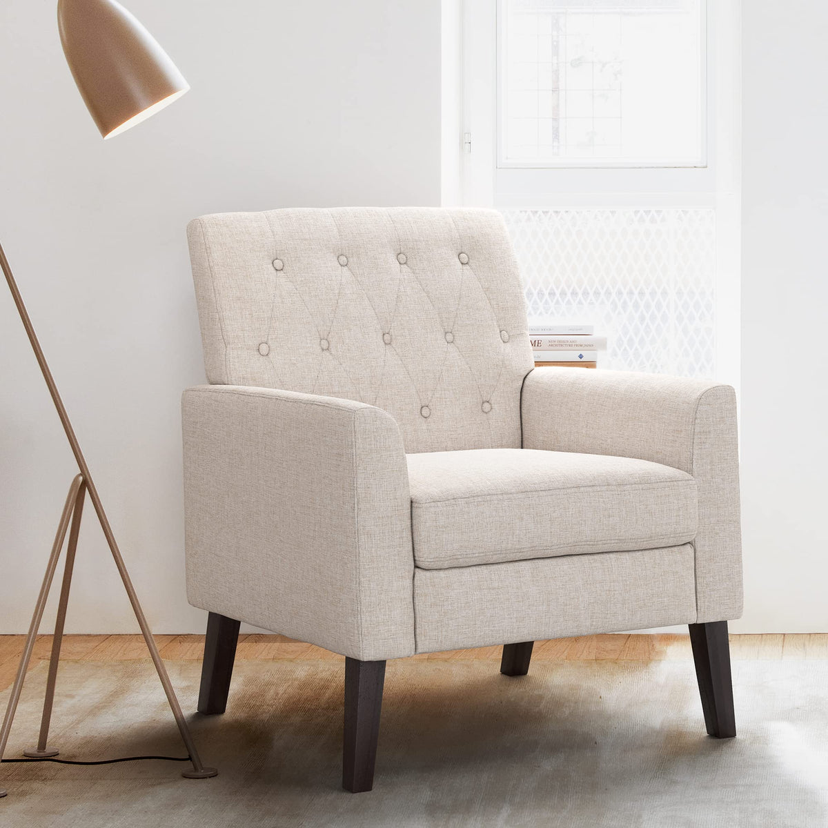 Lue Bona Linen Color Linen Accent Chair 18.5' H, Button Tufted Upholstered Modern Armchair, Comfy Living Room Chair With Arms,