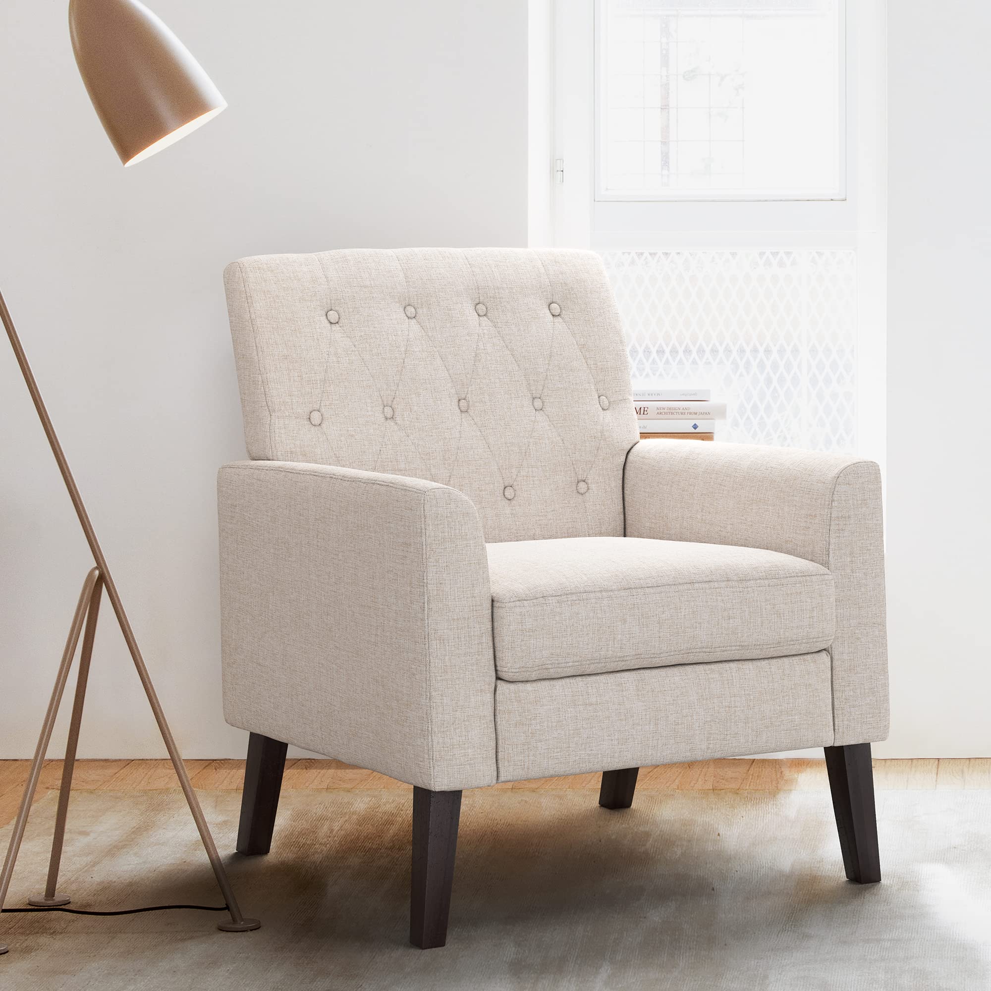 Lue Bona Linen Color Linen Accent Chair 18.5' H, Button Tufted Upholstered Modern Armchair, Comfy Living Room Chair With Arms,
