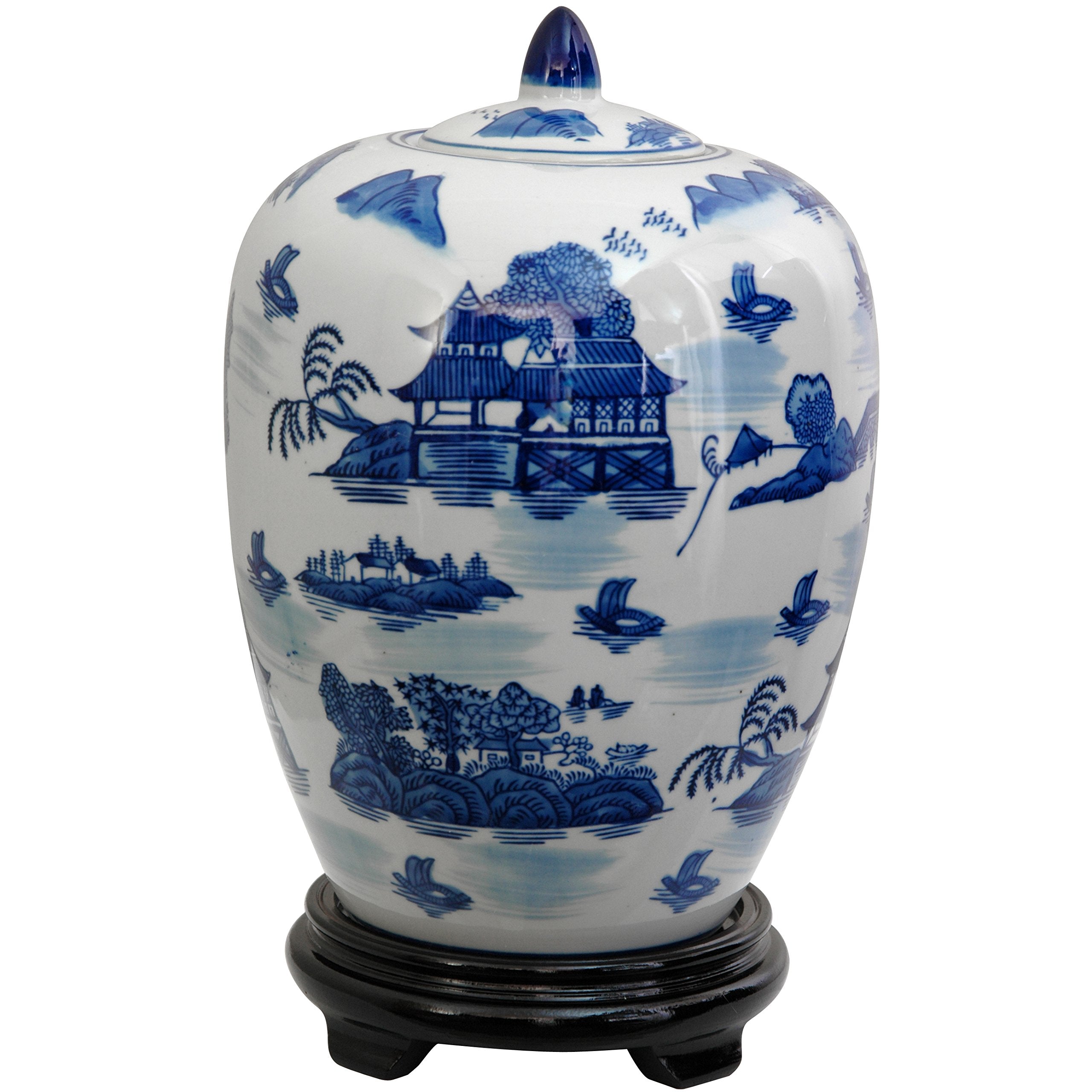 Oriental Furniture 11 Landscape Blue & White Porcelain Vase Jar
