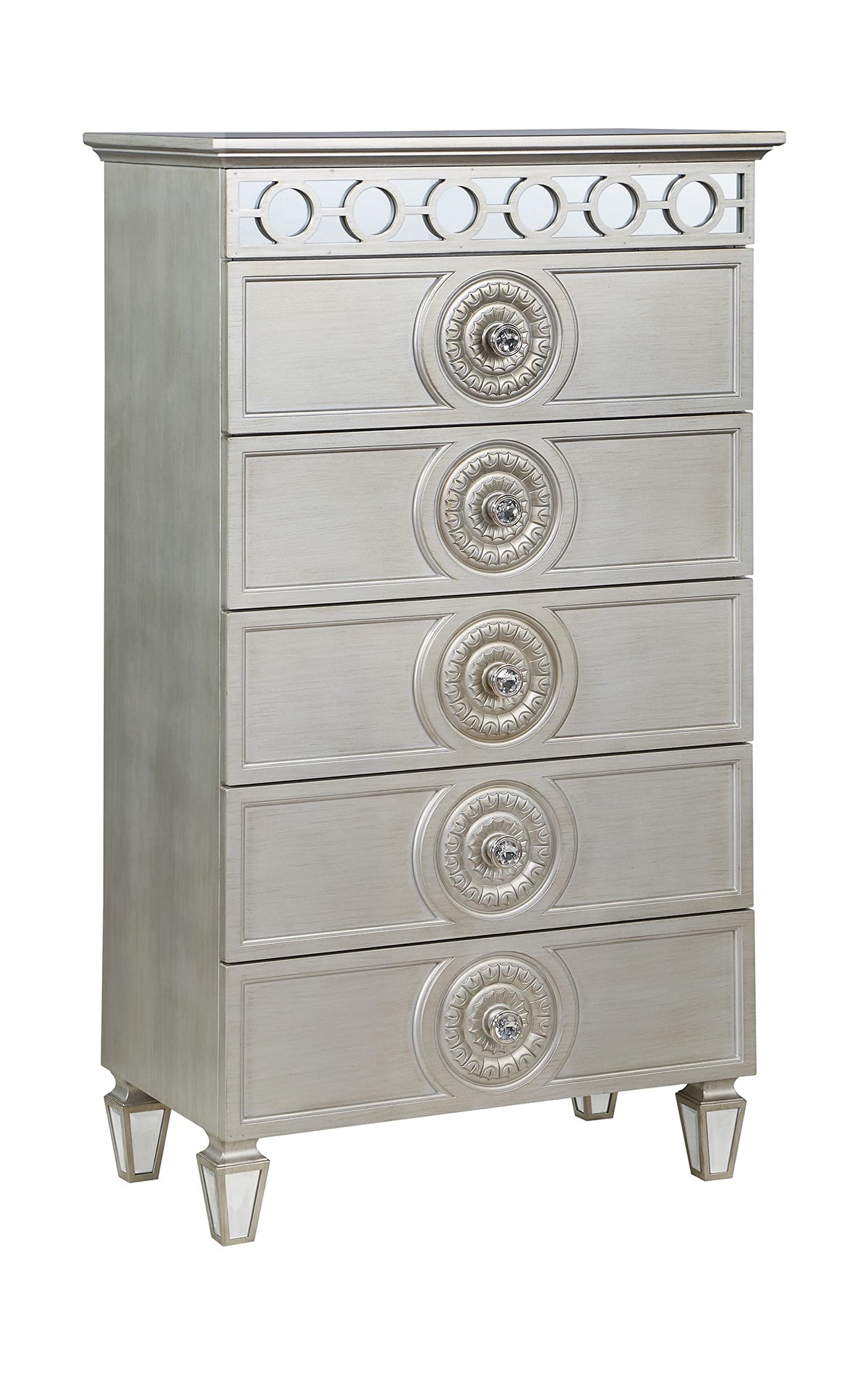 Acme Varian 5 Drawers Wooden Chest with Mirror Inlay in Silver