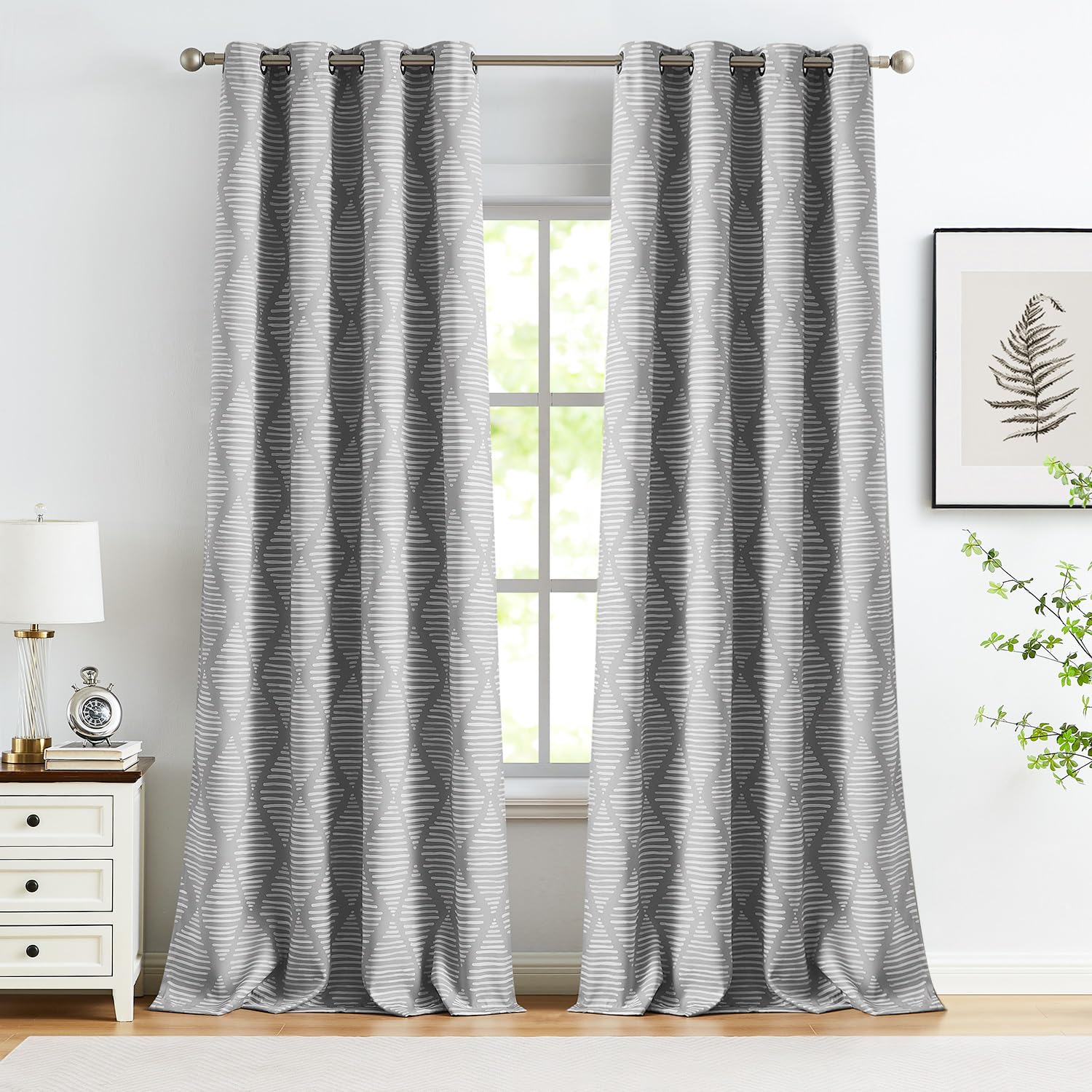 Jinchan 100% Blackout Curtains 96 Inches Long Grey Geometric Printed Curtains Thermal Insulated Pattern Bedroom Curtains Modern