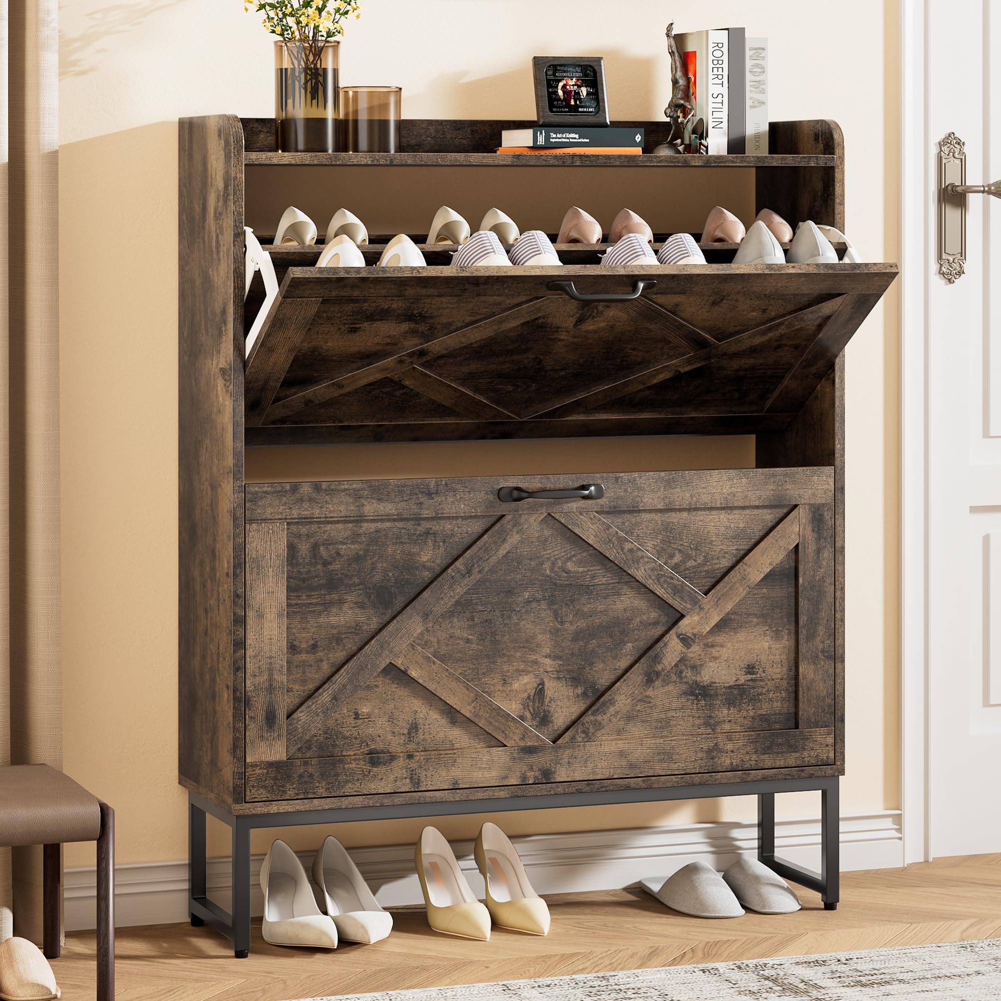 Nicetree Shoe Cabinet Storage for Entryway, Shoe Cabinet with 2 Flip Drawers, Narrow Farmhouse Shoe Rack Cabinet,Shoe Organizer 