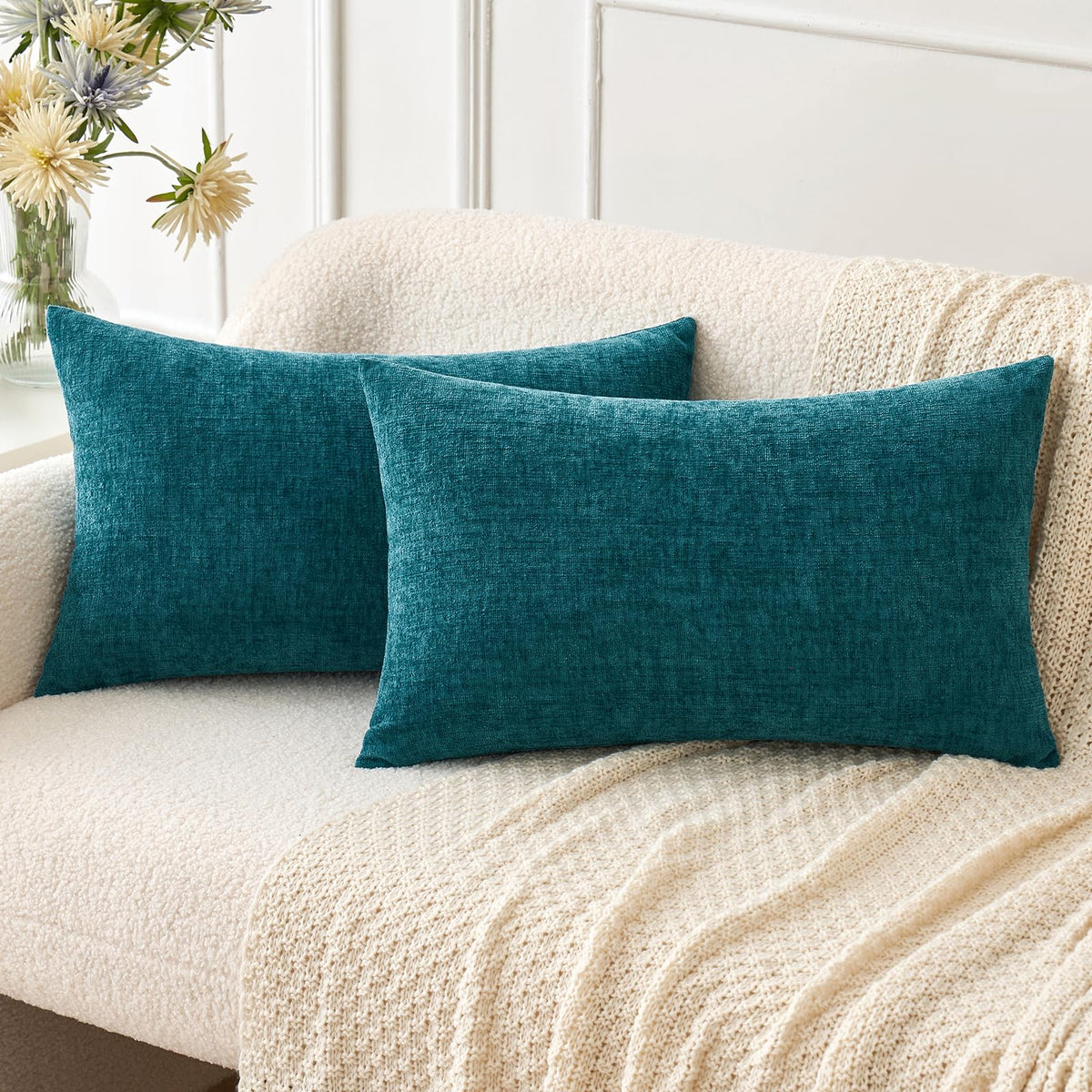Miulee Pack Of 2 Dark Teal Throw Pillow Covers 12X20 Inch Soft Chenille Pillow Covers For Sofa Living Room Couch Solid Dyed Case