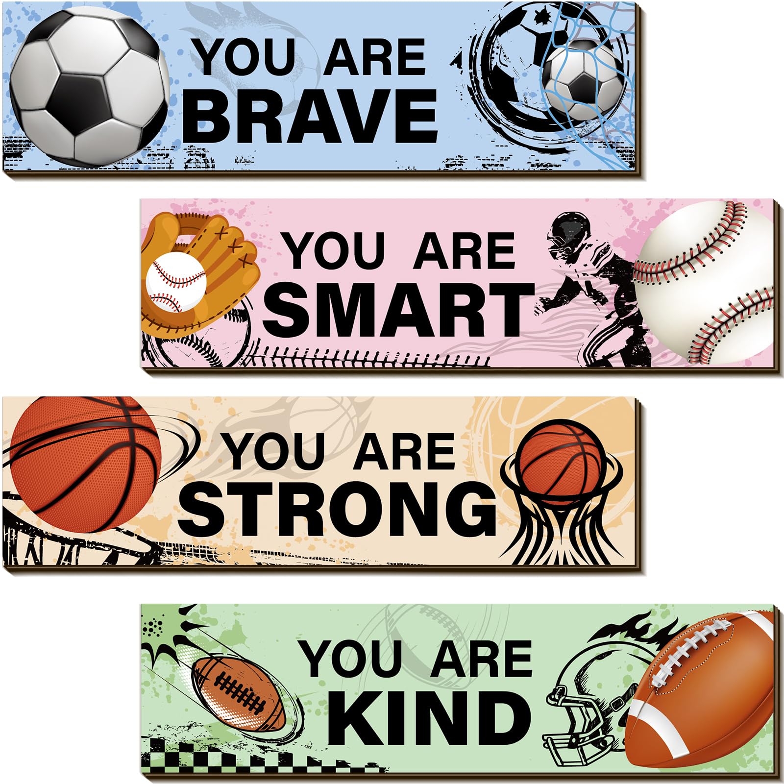 Geetery 4 Pcs Sport Bedroom Wall Decor Boys Room Decor for Kids Soccer Basketball Baseball Football Wall Art Inspirational Woode
