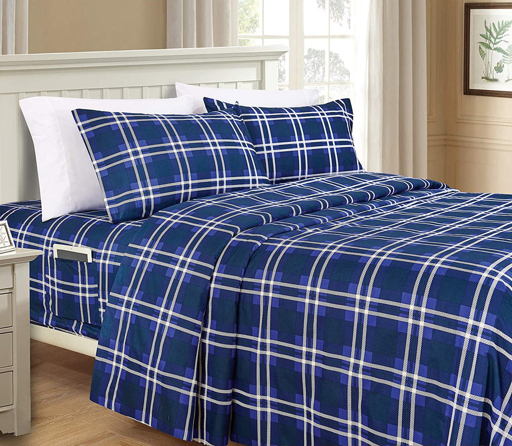 Elegant Comfort Lilliana Plaid 6-Piece Sheet Set, Supreme Coziness Fade & Wrinkle Resistant, 1500 Premium Hotel Quality Microfiber, Sheet Featuring Smart Pockets, Plaid Sheet Set, Full, Navy Blue