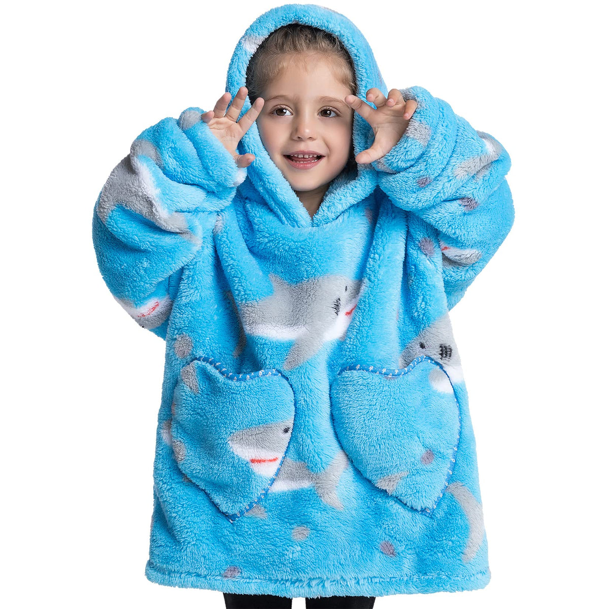 Wearable Blanket Hoodie For Kids Toddler Oversized Sweatshirt Cute Fleece Sherpa Blanket Girls Boys Blue Shark 2-5 Year