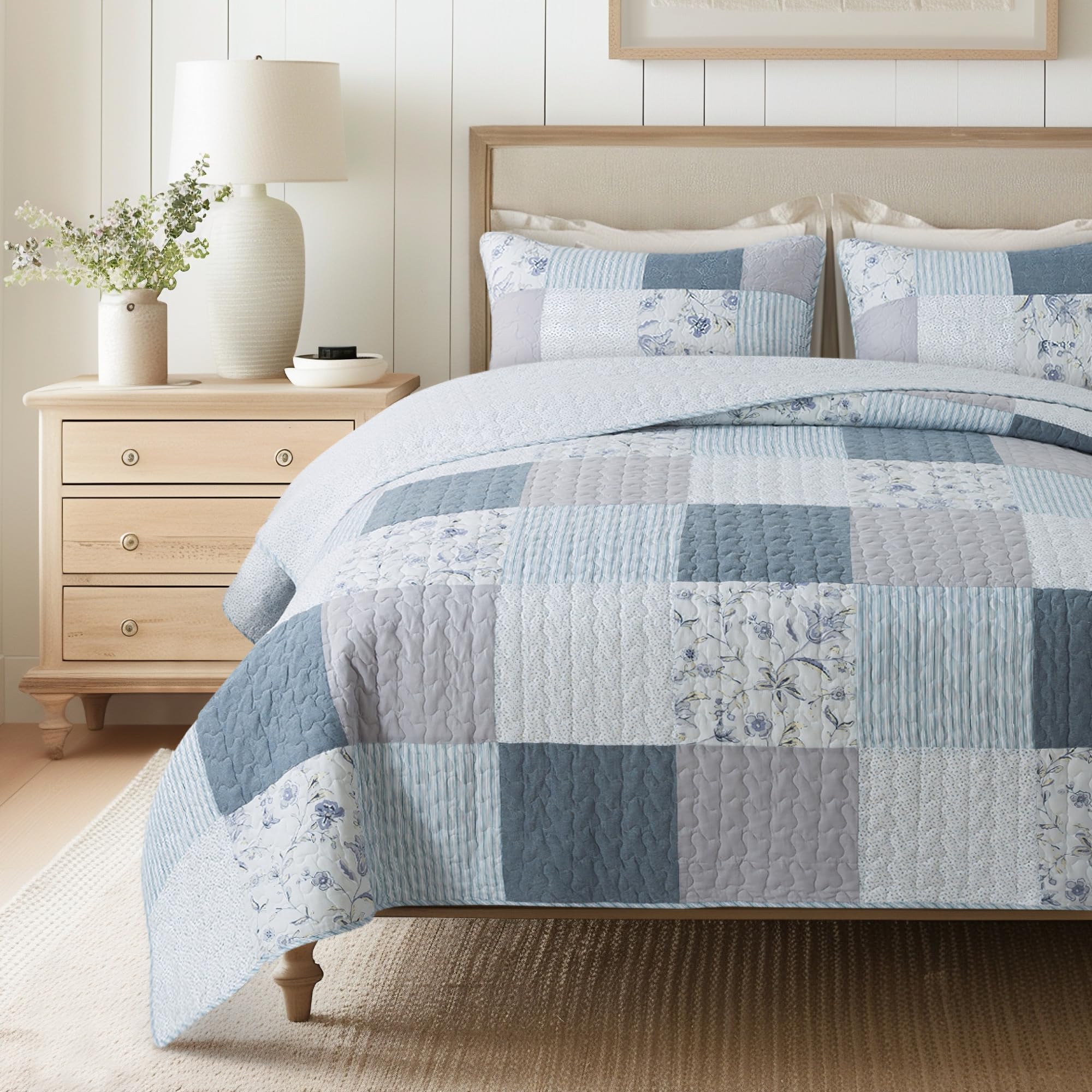 Slpr Coastal Dream Cotton Pieced Quilt Set - Queen Size With 2 Shams, Soft Purple & Blue Patchwork Quilted Bedspread, Farmhouse