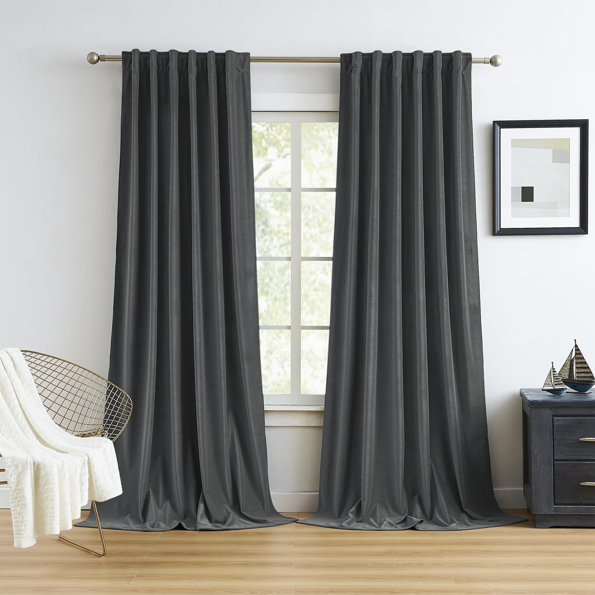 Mumfas Dark Grey Velvet Curtains 96 Inches Long, Back Tab Rod Pocket Soundproof Room Darkening Window Drapes Privacy Assured For