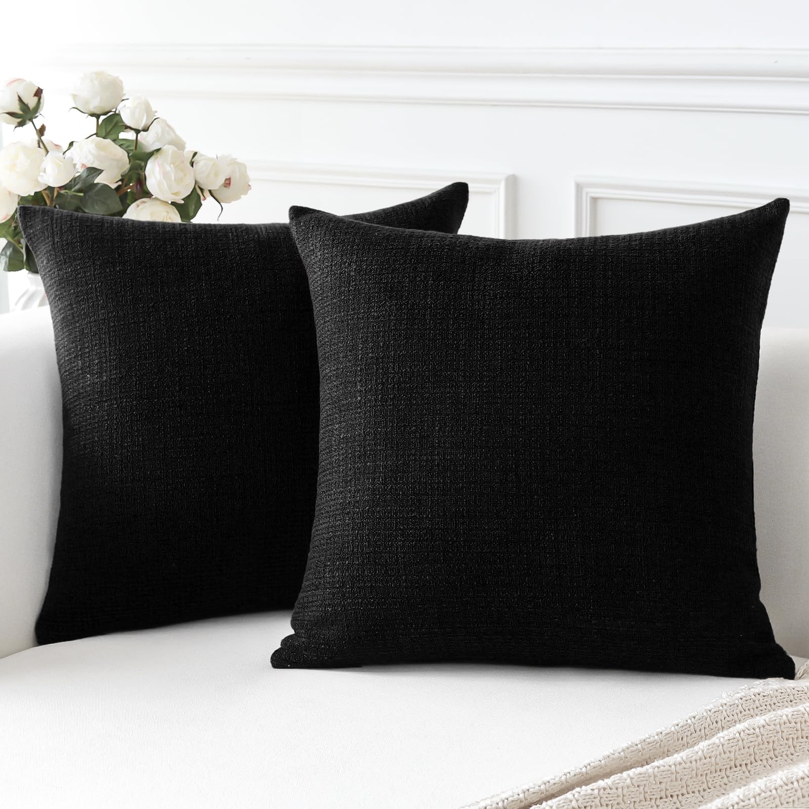 Otostar Linen Throw Pillow Covers Set Of 2 Decorative Square Pillowcases Cushion Covers 16X16 Inch For Home Decor Sofa Bedroom Car 40 X 40 Cm Black