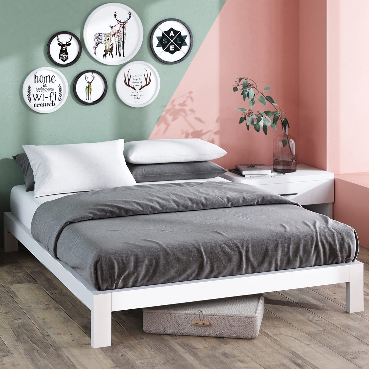 ZINUS Arnav Metal Platform Bed Frame, Wood Slat Support, No Box Spring Needed, Easy Assembly, White, King