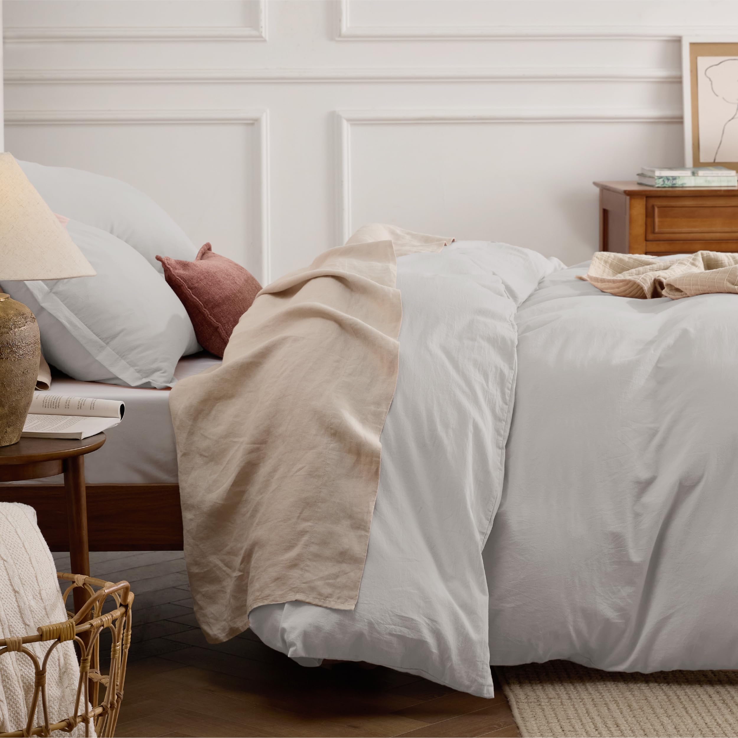 Bedsure 100% Stone Washed Cotton Duvet Cover King - Stone Color Minimalist Cotton Duvet Cover Set Linen Like - 3 Pieces Gentlesoft™ Plain Simple Bedding Set With 2 Pillow Shams (Stone, King, 104'X90')