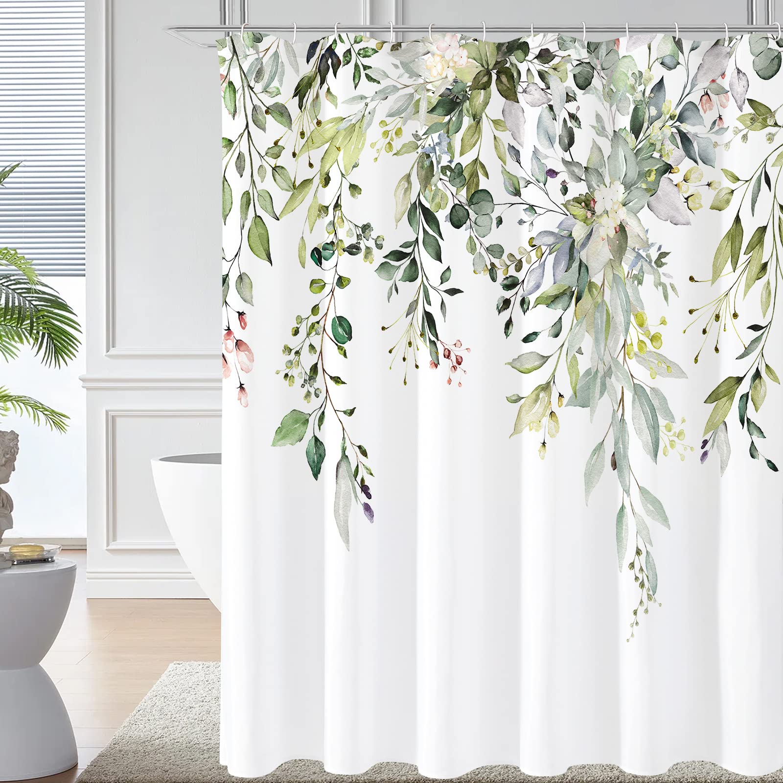 Gibelle Extra Long Shower Curtain 72 x 84, Tall Sage Green Floral Fabric Shower Curtain, Watercolor Plant Eucalyptus Leaves Bath