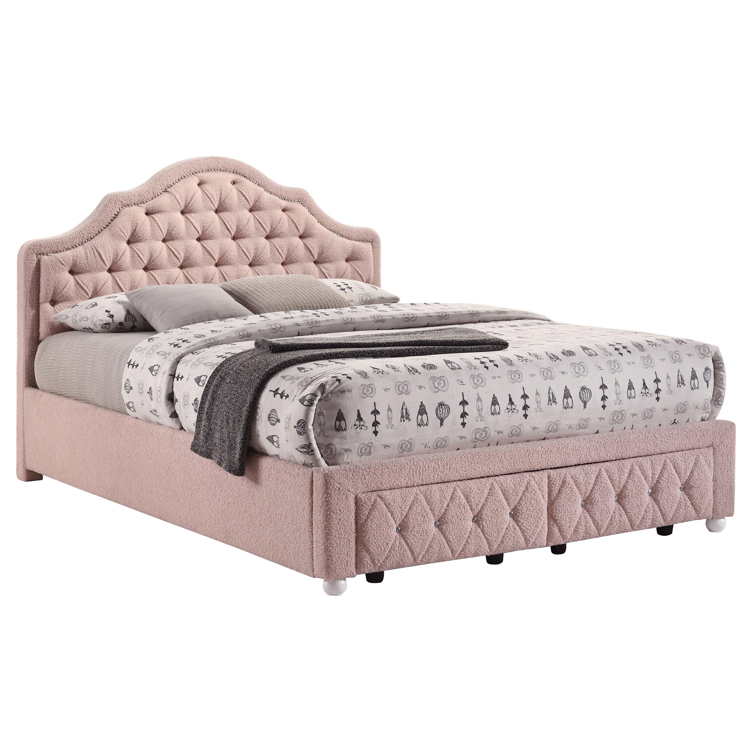 Coaster Home Furnishings Ashleigh Traditional Boucle Upholstered Full Size Storage Panel Bed Frame Platform Bed 44-inch Headboard Pink 460540F
