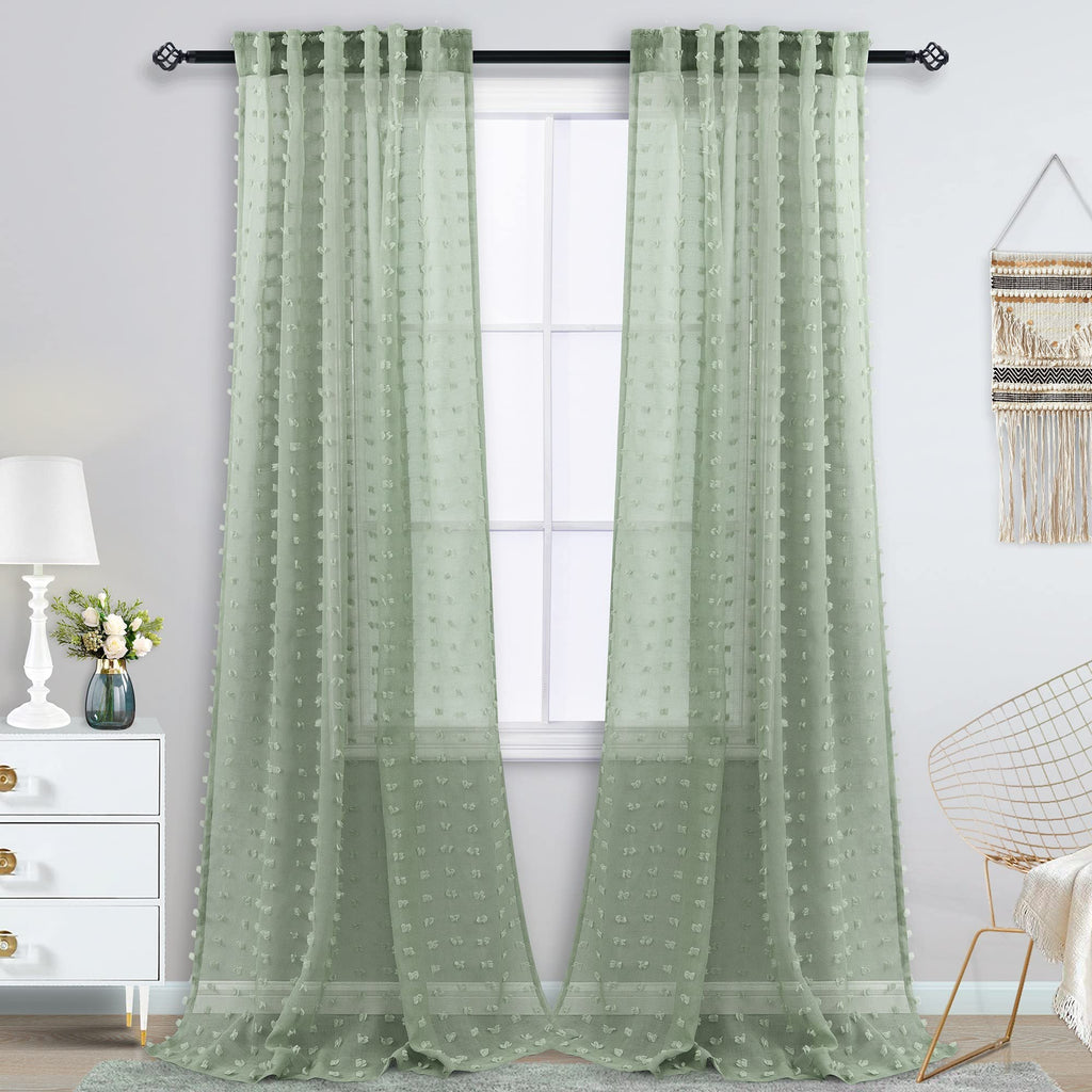 Koufall Sage Green Sheer Drapes Curtains 102 Inches Long For Living Room With Pom Pom Designer Patterned Curtains For Bedroom Window Set Of 2 Pieces,52X102 Inch Length