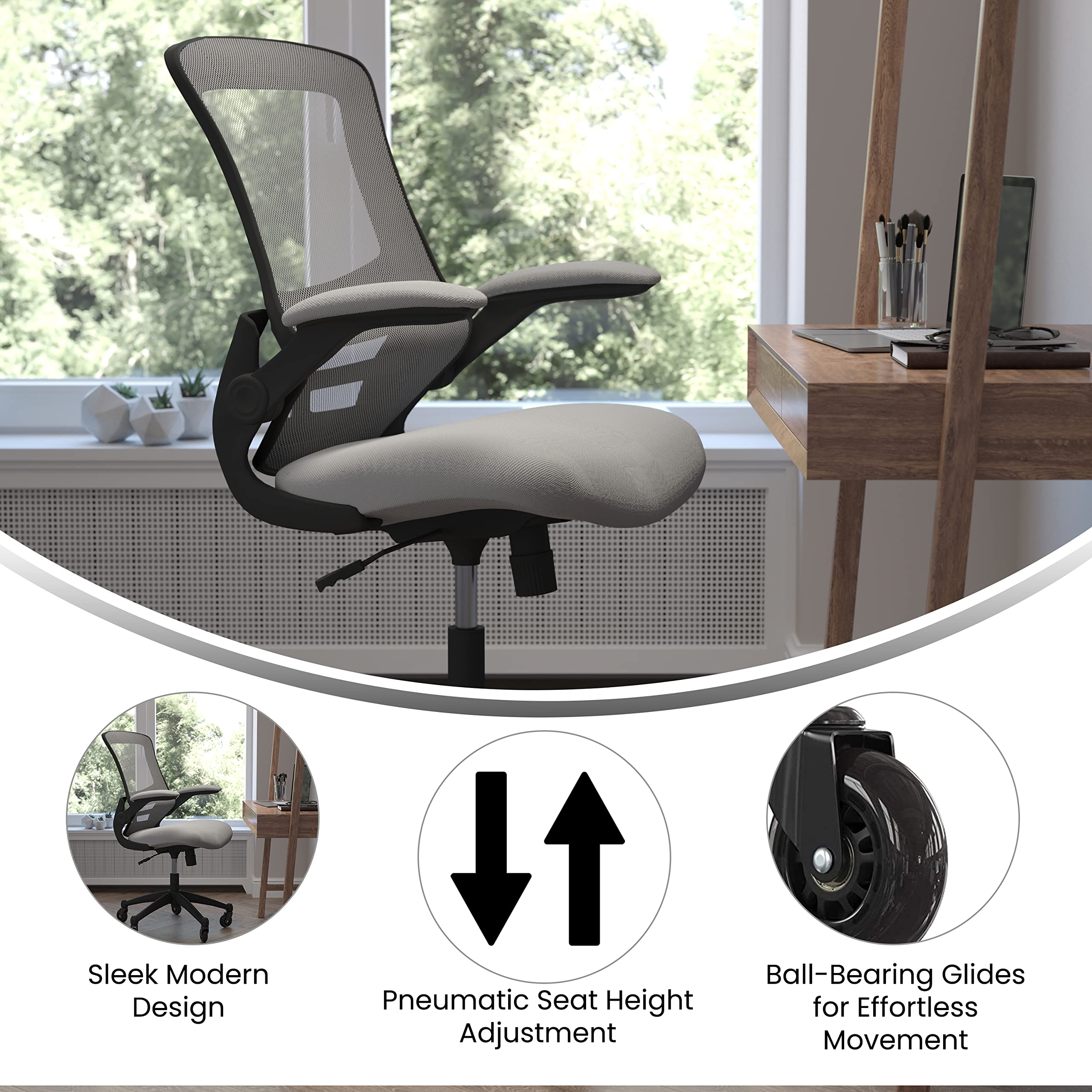 Flash Furniture Kelista Mid-Back Dark Gray Mesh Swivel Ergonomic Task Office Chair With Flip-Up Arms And Transparent Roller Wheels